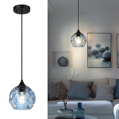 Emliviar 1-Light Pendant Lighting Hammered Glass, Modern Blue Ceiling Hanging