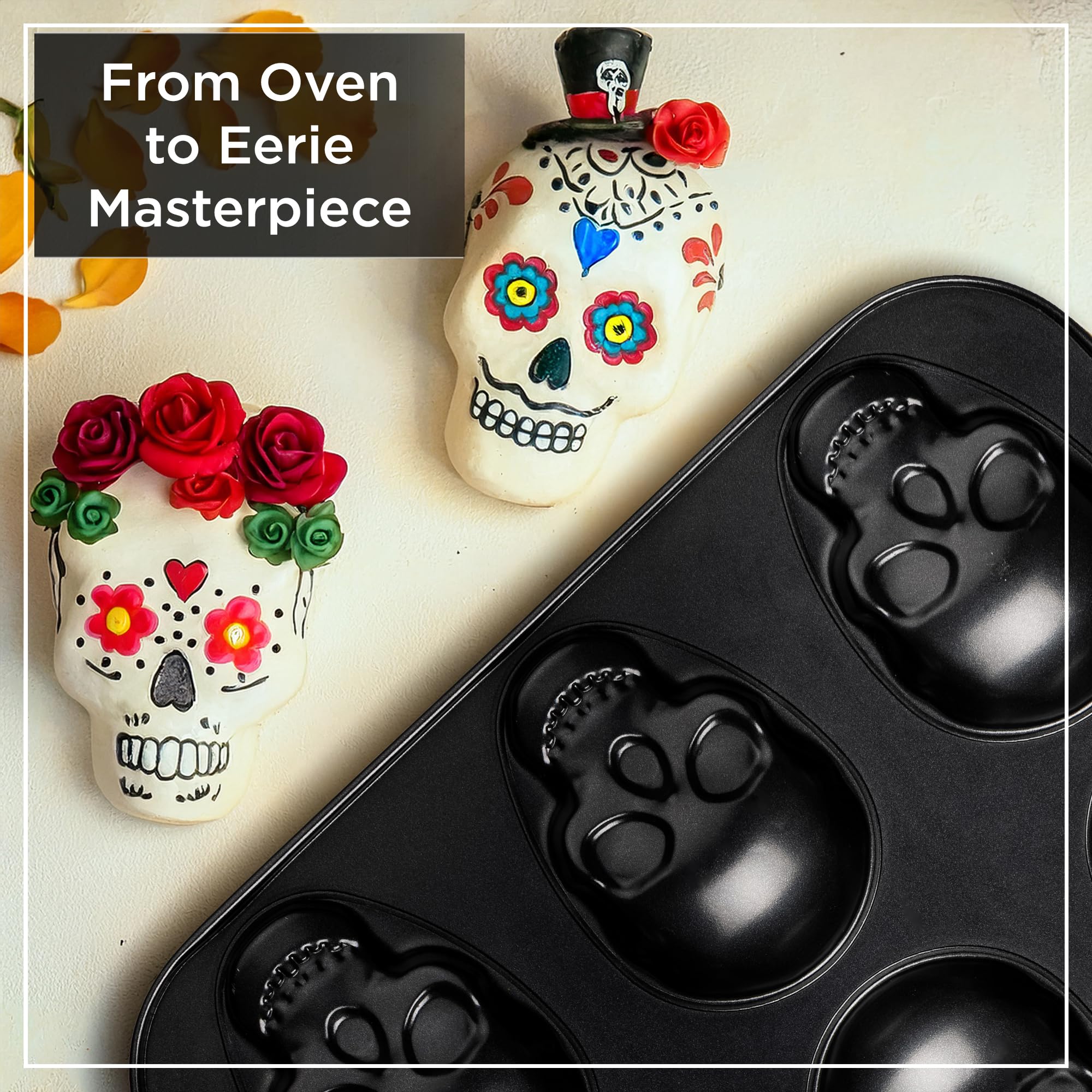 Wrenbury Große Totenkopf-Kuchenform – antihaftbeschichtet, für 6 Halloween-Backformen | Für kräftige, gruselige Backwaren, langlebiger Karbonstahl, lebensmittelecht, 12 cm große Tasse