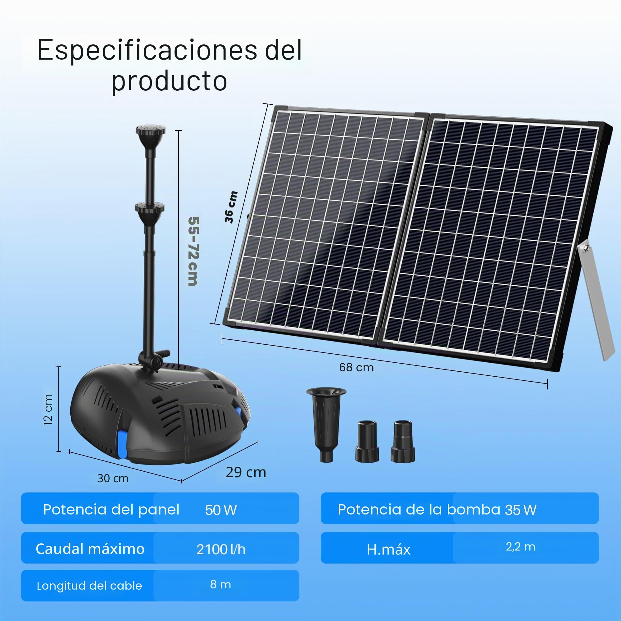 Biling 50W Bomba de filtro solar para estanque con filtro 2100 L/H Bomba de filtro solar para estanque con 3 boquillas y regulador de flujo 8m de cable para estanque de jardín Pequeño estanque de