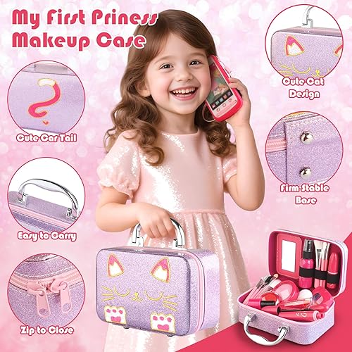 Miniatura 2 de Maquillaje de simulación de regalo para niñas pequeñas de 3-5, 4-6, juego de maquillaje falso con estuche para gatos de 3, 4, 5 años, kit de
