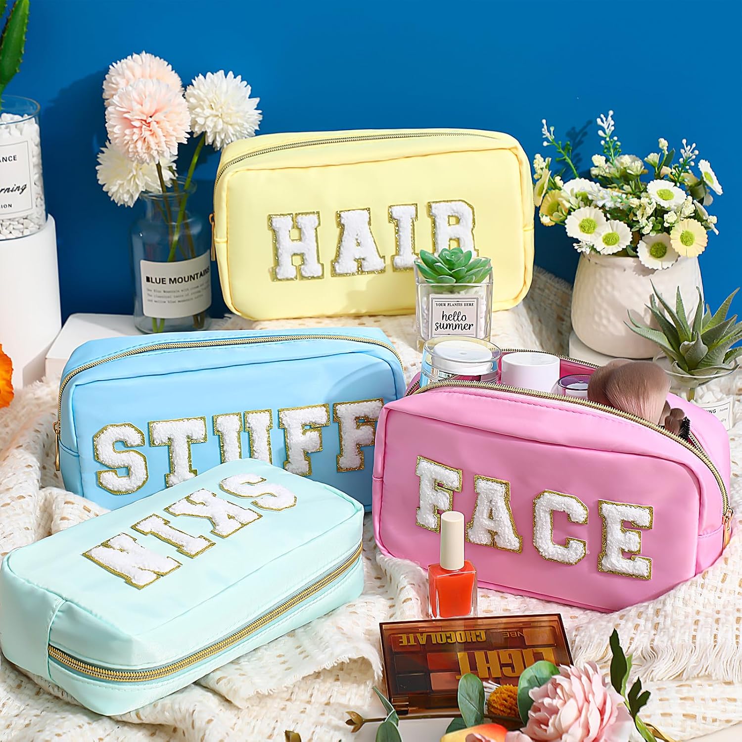 4 Pcs Preppy Makeup Bags Chenille Letter Stuff Bag Nylon Cosmetic Pouch Cases with Zipper for Women Travel Toiletry