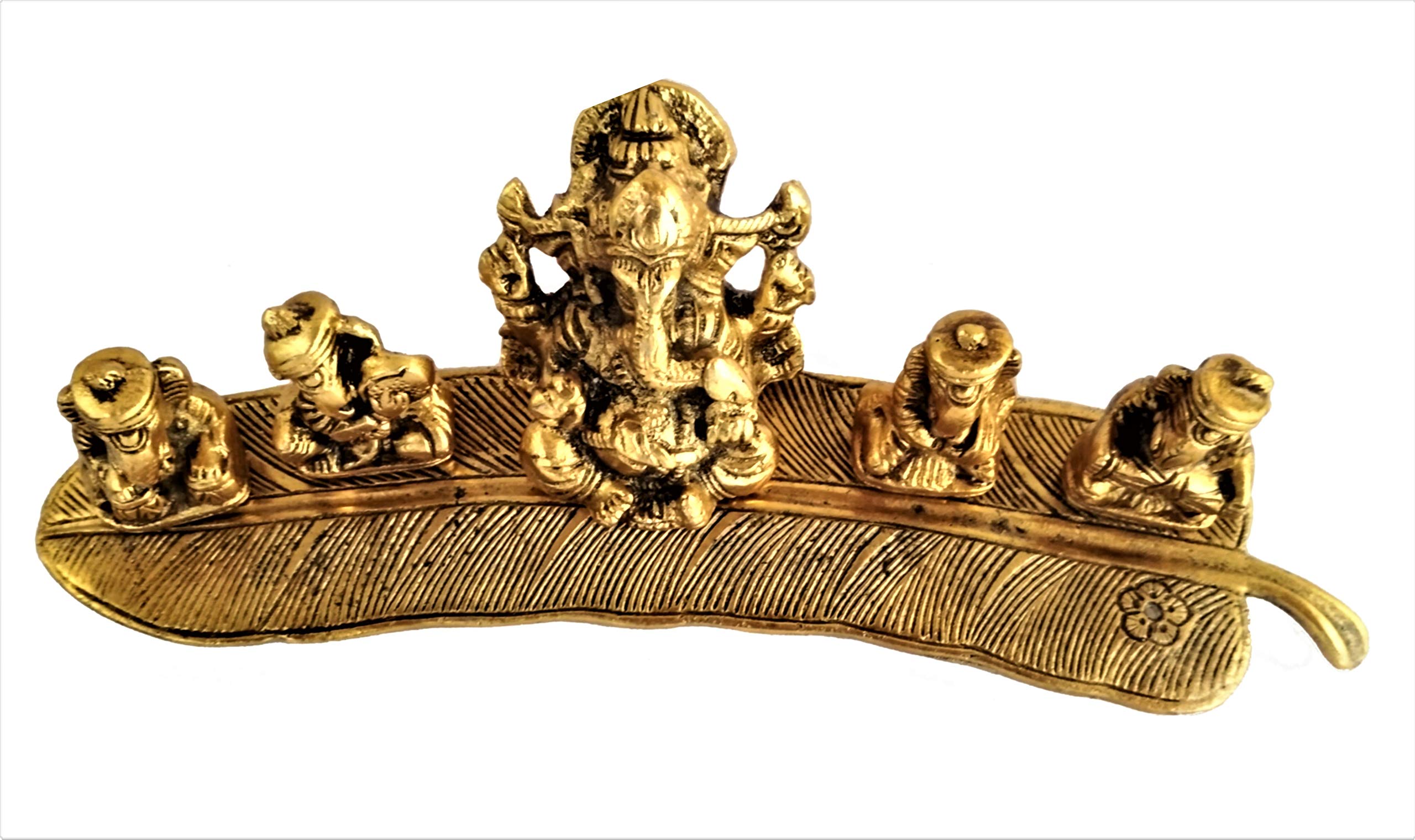 Purpledip Metal Idol Ganesha on Banana Leaf: Set of 5 Ganeshas Playing Divine Music (11551) - Image 3 thumbnail