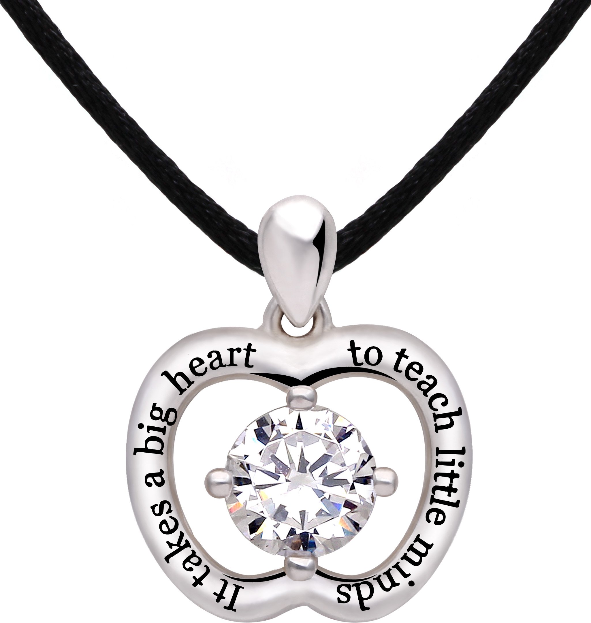 Jewelry Sterling Silver "It takes a big heart to teach little minds" Cubic Zirconia Apple Pendant Necklace for Teacher