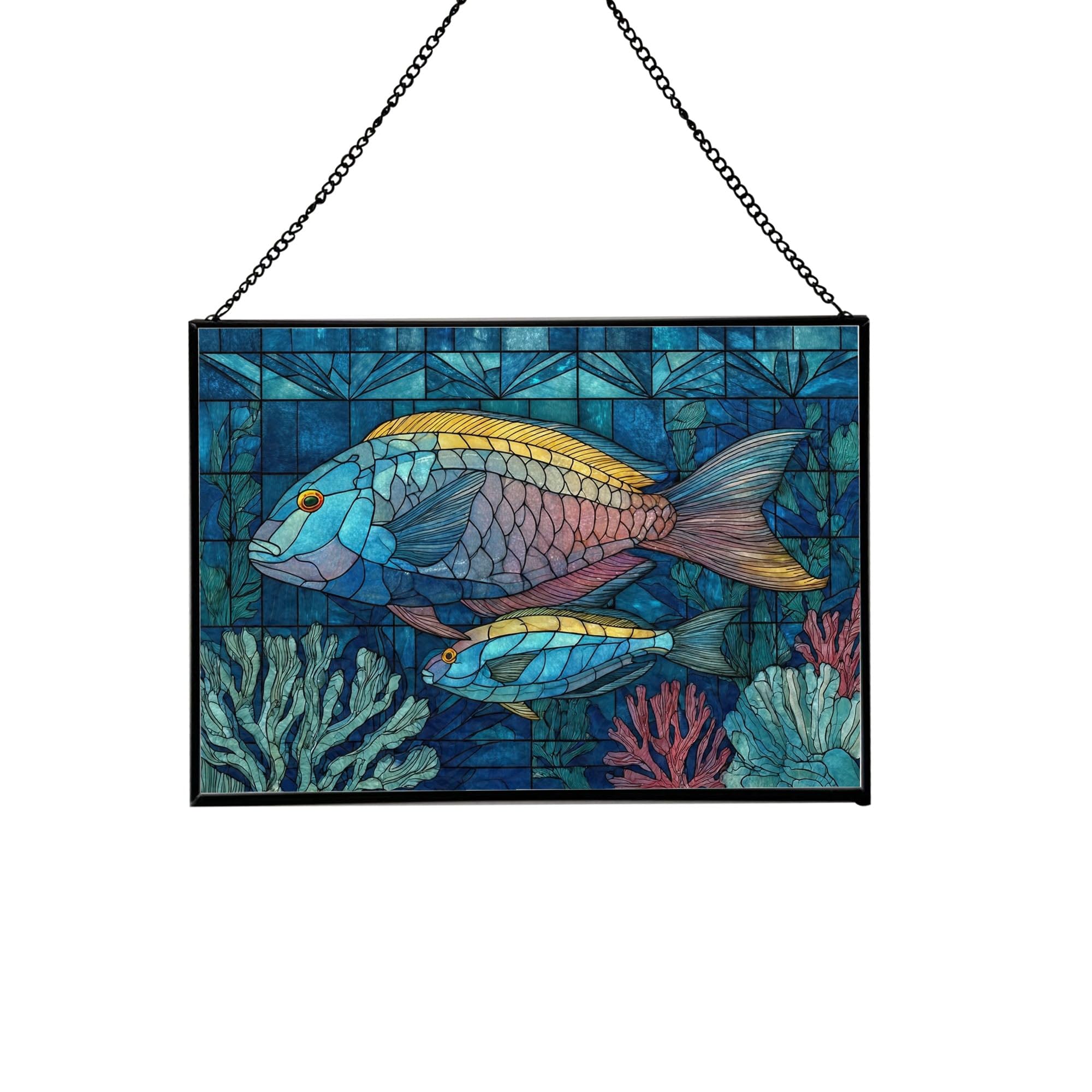 Cleaner Wrasse Ocean Animal Stained Glass Suncatcher – Rectangular Hanging Window Panel with Underwater Scene – Glass Art Gift for Coastal Decor and Sea Lovers, Christmas, Halloween zYkdTr
