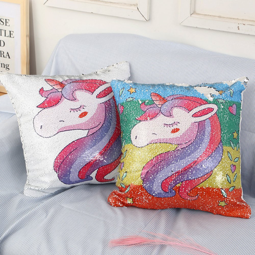 Yinsili Federe Per Cuscino 40x40 Con Paillettes Reversibili Unicorno – 2 Pezzi – Solo Federe (senza Imbottito)