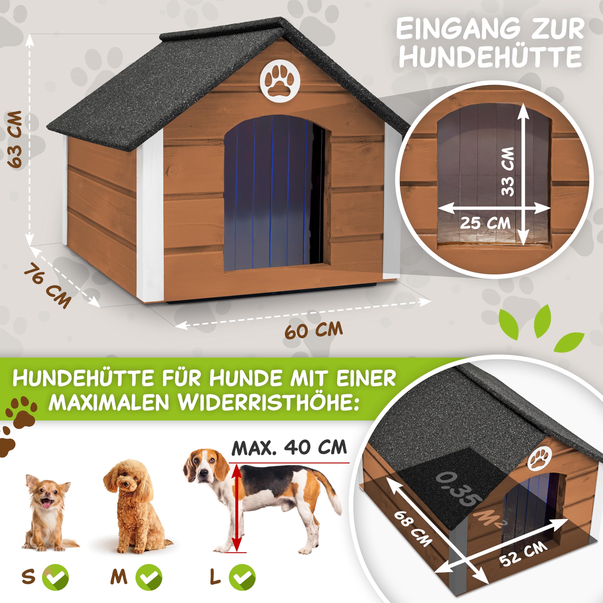 Outentin Geïsoleerd hondenhok voor de winter, XL hondenhok voor grote honden, premium hondenhok voor buiten met luifel, waterdicht en geïsoleerd, 123 x 105 x 53 cm, grijs/geel