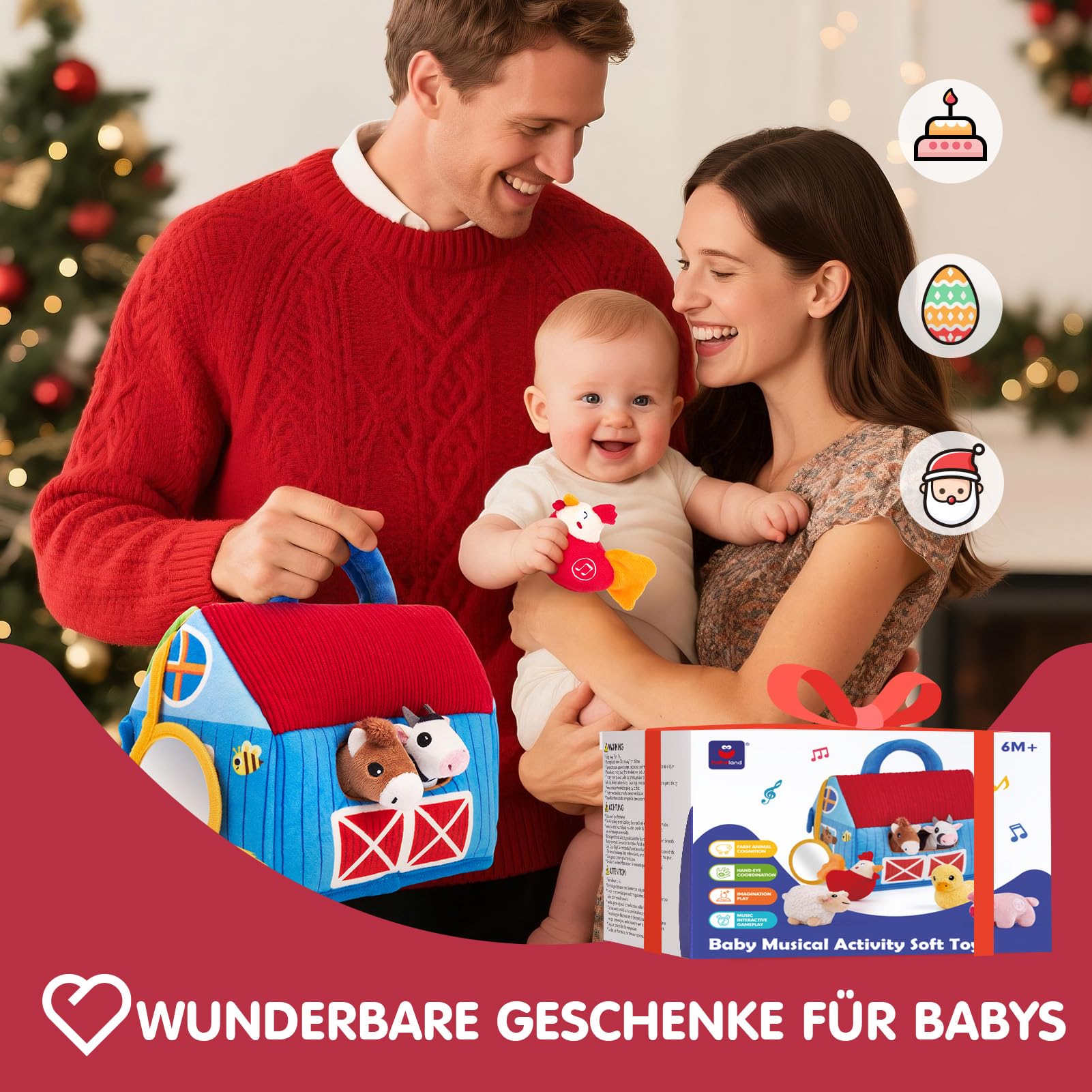 hahaland Bauernhof Baby Spielzeug 6 Monate mit 2-in-1 Scheunen & Spielmatten,6 Sensorik Plüschtiere mit Tiergeräuschen & Spricht Englische Tiernamen,Montessori Spielzeug Baby Geschenk ab 6-12 Monate