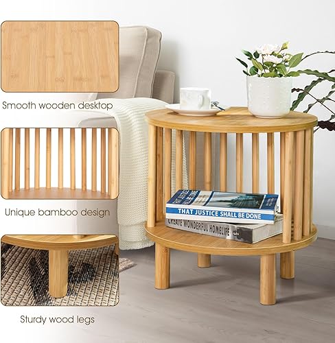Miniatura 4 de Sophia & William Juego de 2 mesitas de noche de bambú, mesa auxiliar redonda de 15.7 pulgadas para dormitorios, sala de estar