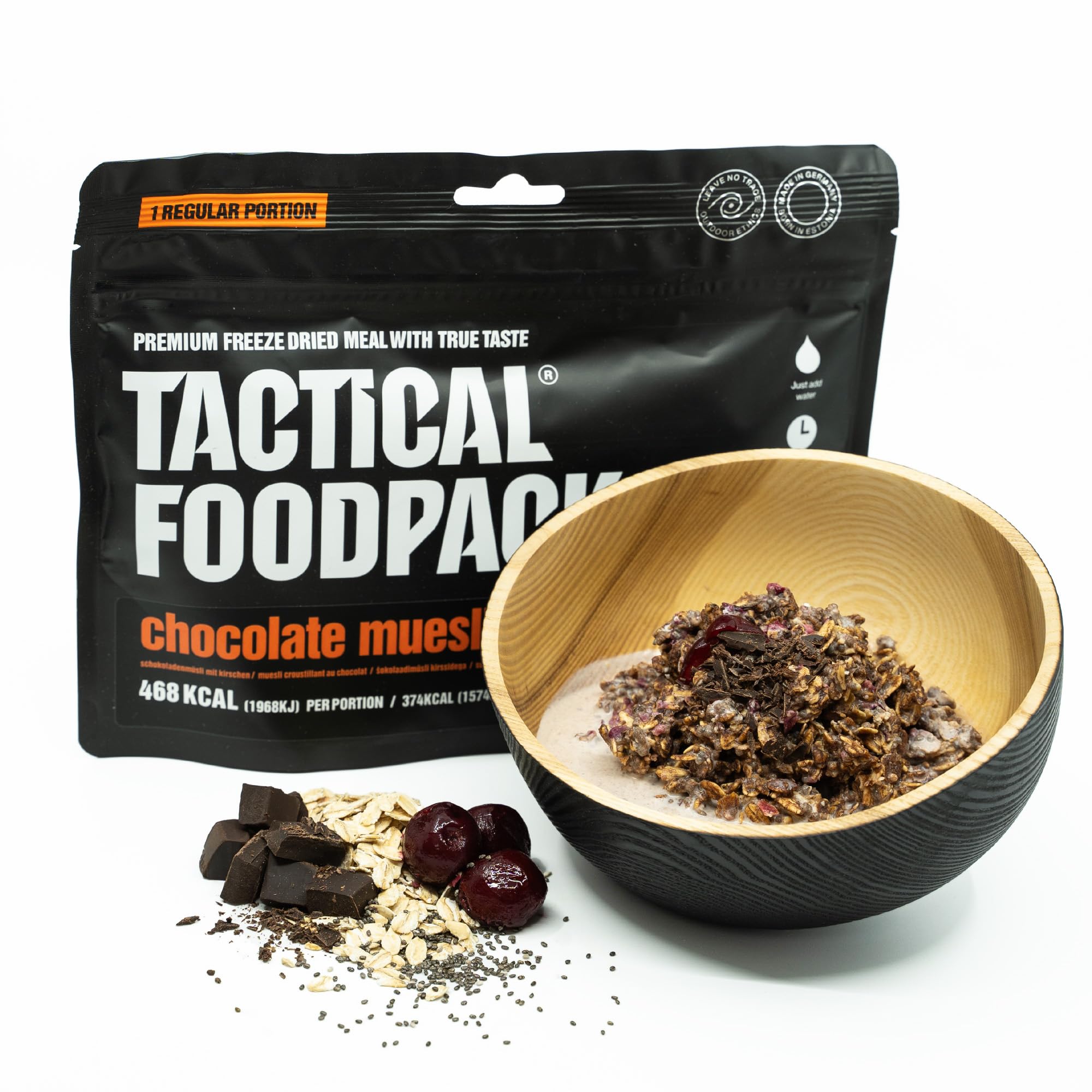 Muesli con Chocolate y Cerezas 125g – Tactical Foodpack – Desayuno Liofilizado Natural – Comida Outdoor, Camping, Supervivencia y Emergencia – 468 kcal