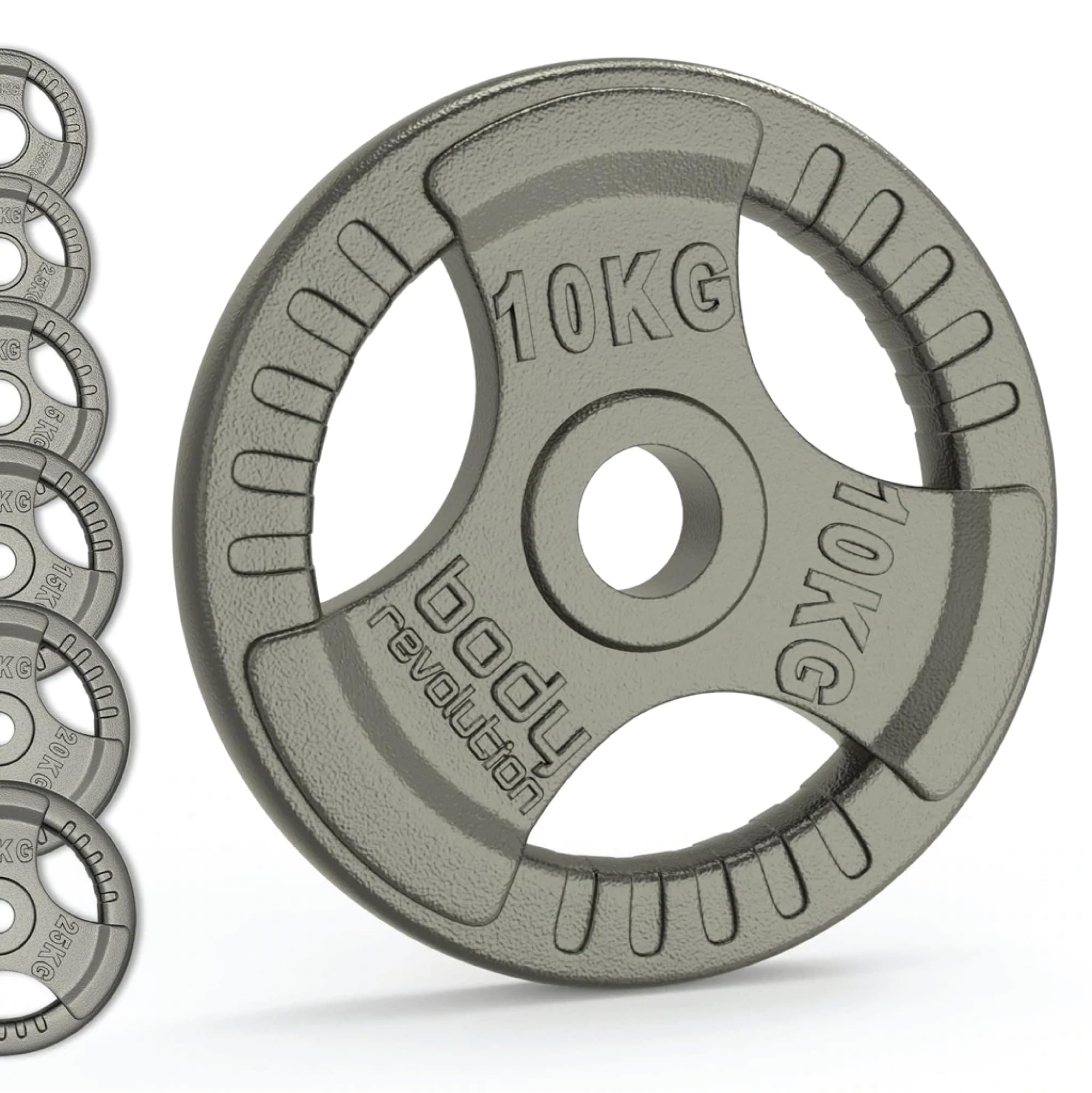 Body Revolution Olympic Tri Grip Cast Iron Weight Plates - 2 x 10kg - Grey