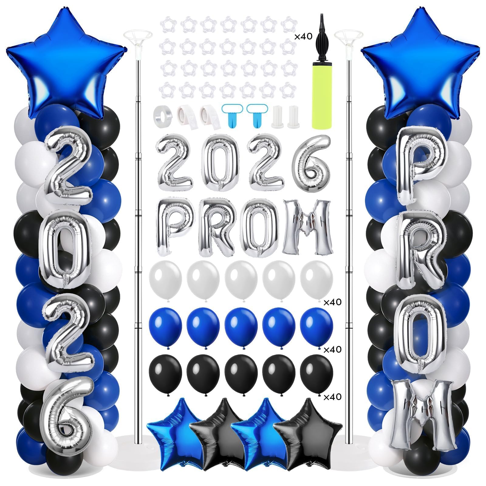 Photo 1 of ******no stands and missing parts**********2 Sets Graduation Balloon Column Stand Kit with Balloons Prom Send off 2026 Grad Prom Themed Decor Black Blue White Balloon Tower Stand for Floor Grad School & College Celebration Party Supplies