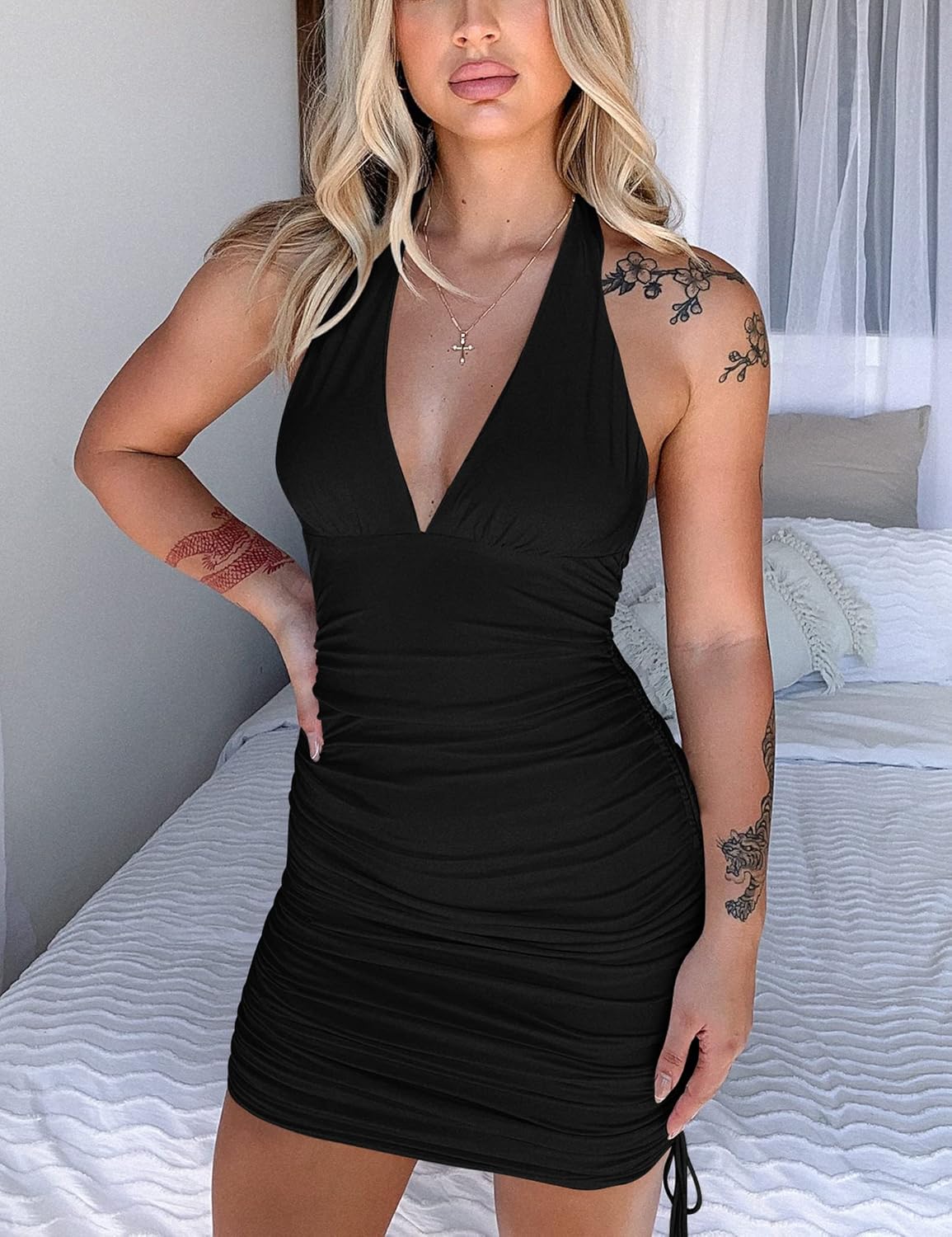 HOCILLE Women's Sexy Halter Bodycon V Neck Backless Ruched Drawstring Mini Club Party Dresses - Image 4