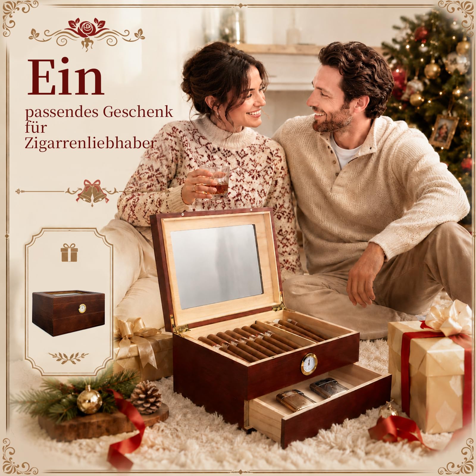 Umidificatore per sigari, a doppio strato, in legno di cedro spagnolo, con umidificatore, igrometro, divisore, idea regalo per uomini (30-40 sigari)