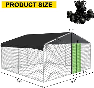 10'x10' Outdoor Dog Kennel with Roof, Heavy Duty Dog Enclosure Waterproof Rustproof Wire Mesh Fence, Large Dog Run Cage with Waterproof Cover & Lockable Door for Backyard Patio
