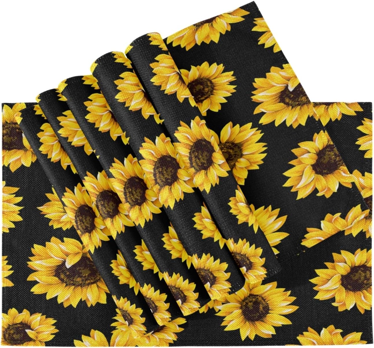 Sunflower Black Placemats Set of 6 Washable Non-Slip Burlap Table Mats Heat Resistant Place Mats for Home Kitchen Dining Party 12 X 18 in