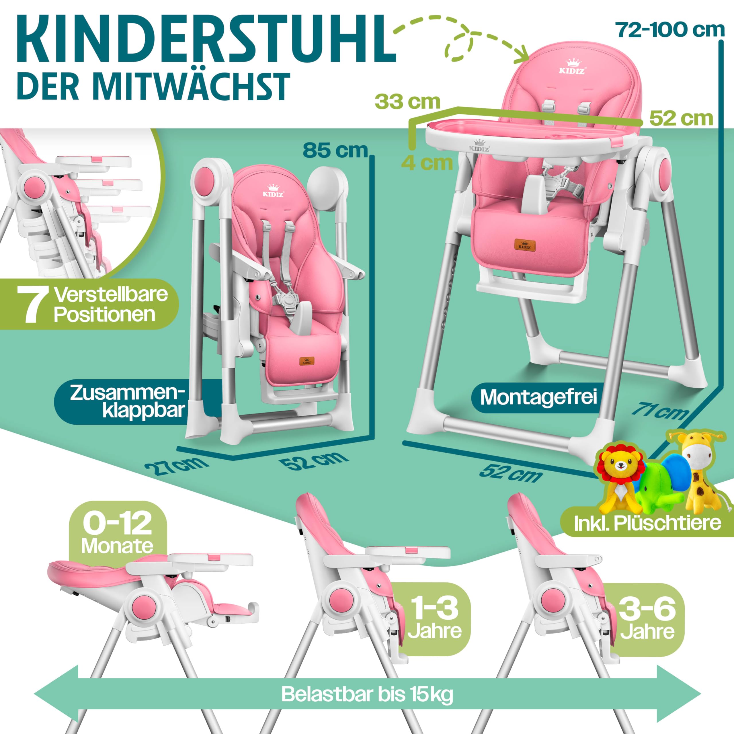 KIDIZ® Chaise haute 3 en 1 | Chaise haute pour enfant avec arceau de jeu, chaise longue pour bébé, chaise haute combinée, Siège haut pour bébé,7 hauteurs réglables, rose