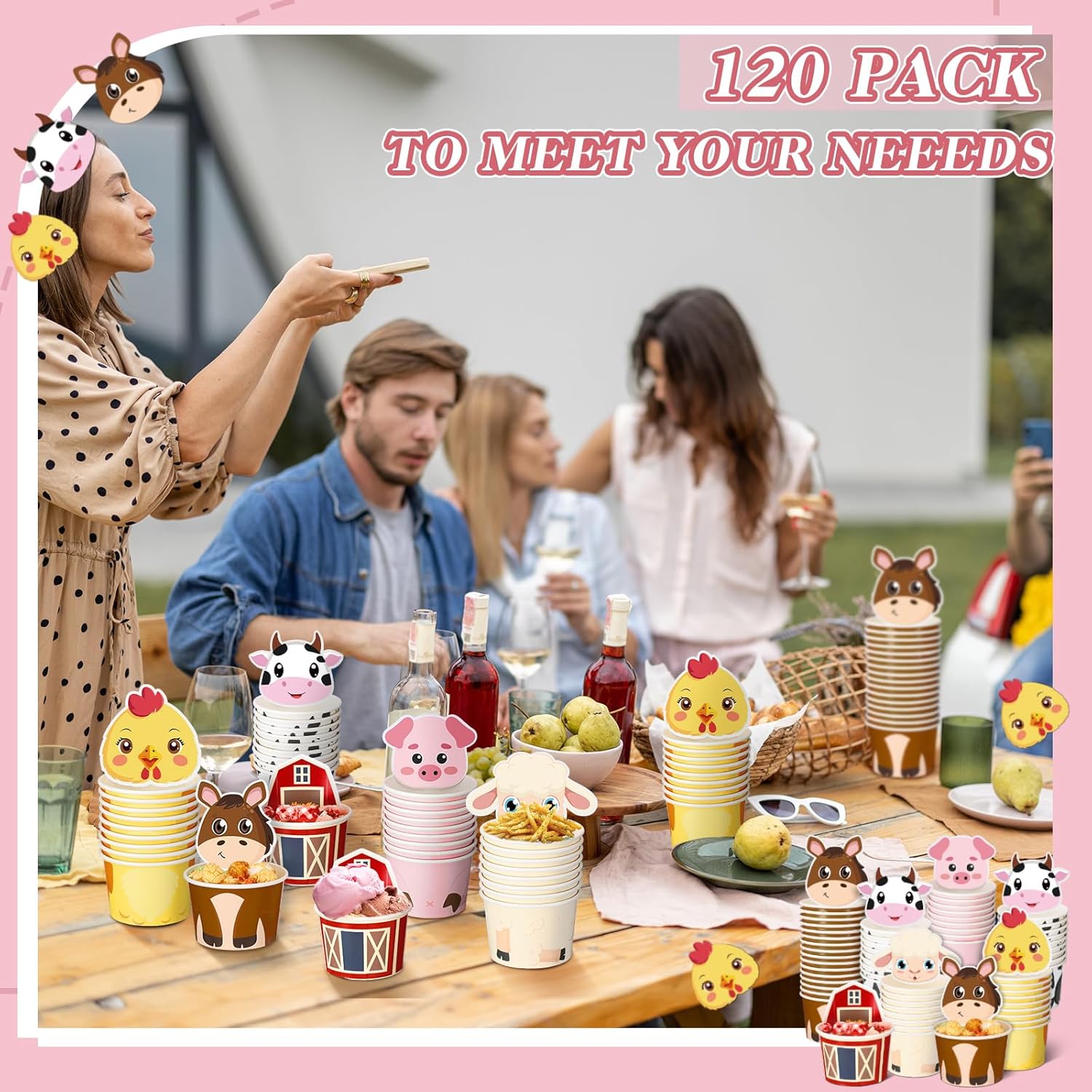 Qinyoung 120 Sets Farm Animal Birthday Decorations Farm Birthday Party Paper Snack Cups with Card 8 oz Disposable Paper Animal Food Bowls Treat Ice Cream Cups for Baby Shower Party Supplies