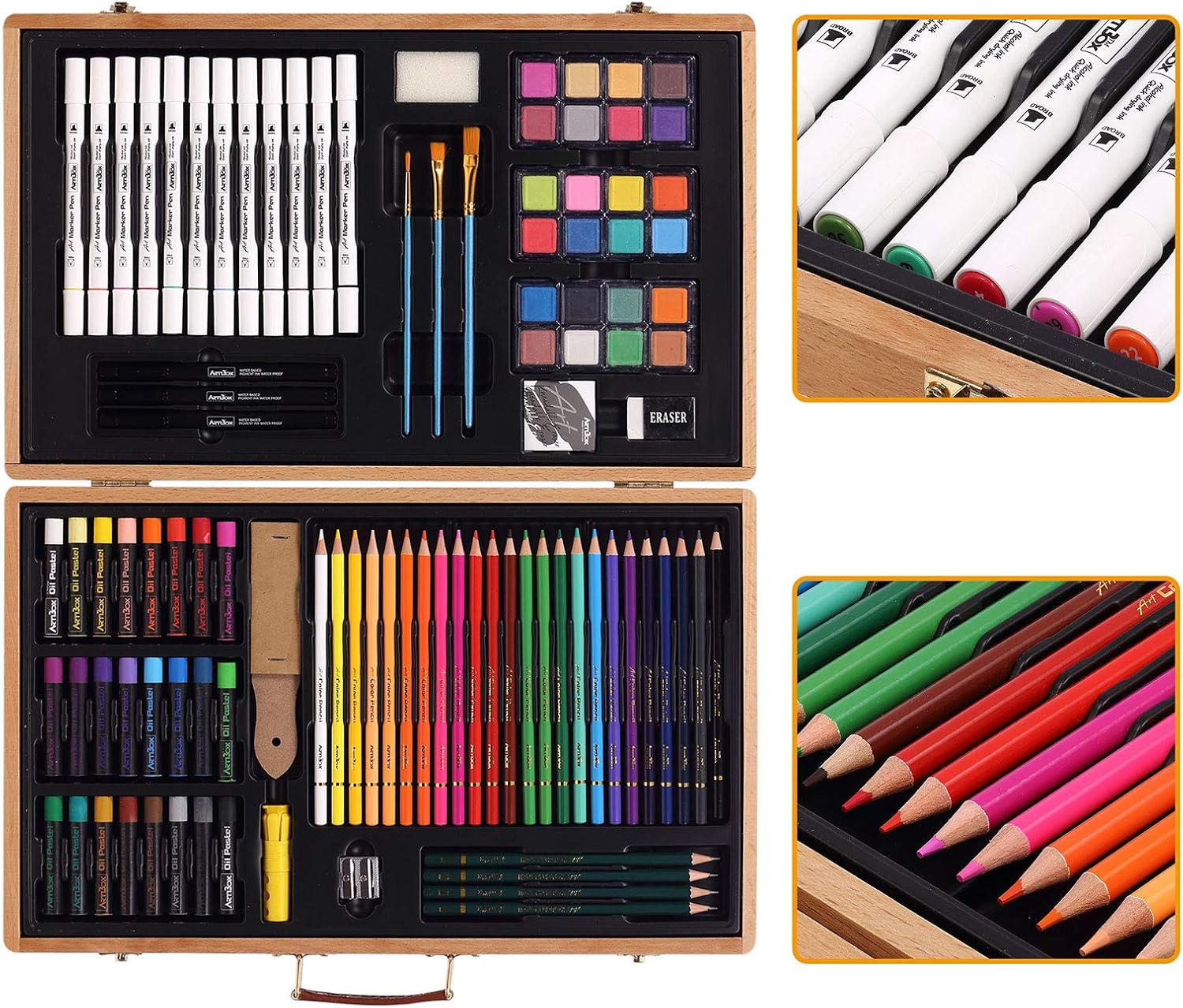 ARTIBOX Art Set with Beech Wooden Box, 105 Pieces Portable Deluxe Wood Art Set, Art Drawing