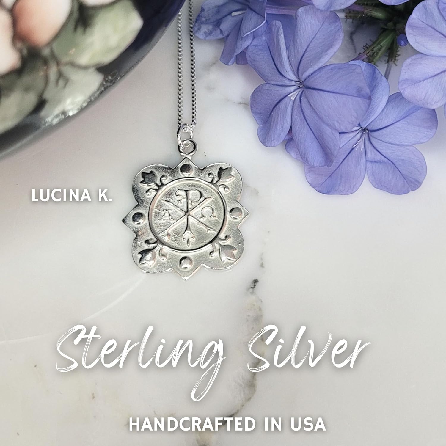 Chi Rho Quatrefoil Christogram Necklace Sterling Silver - Ancient Christian Symbol of Faith and Tradition Gift Box and Story Card included - Made in USA