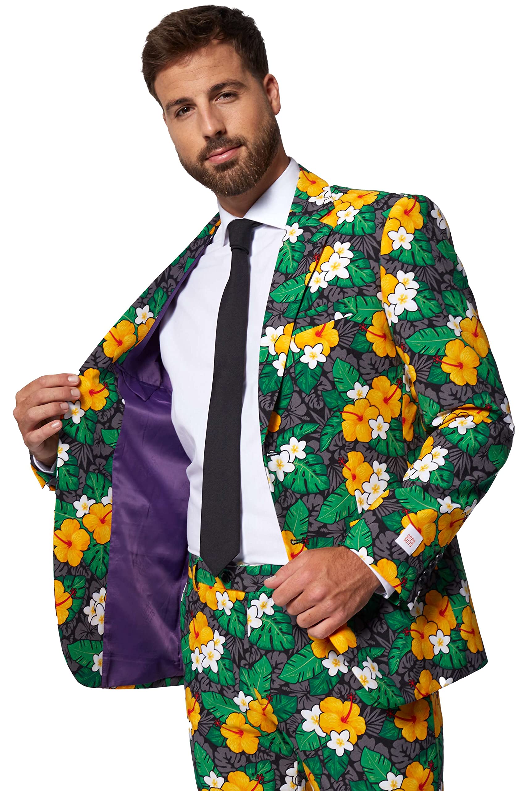 OppoSuits Herrenanzug - Sommer-Outfit mit tropischen Blumen - schmale Passform - Grün und gelb - Inklusive Blazer, Hose und Krawatte