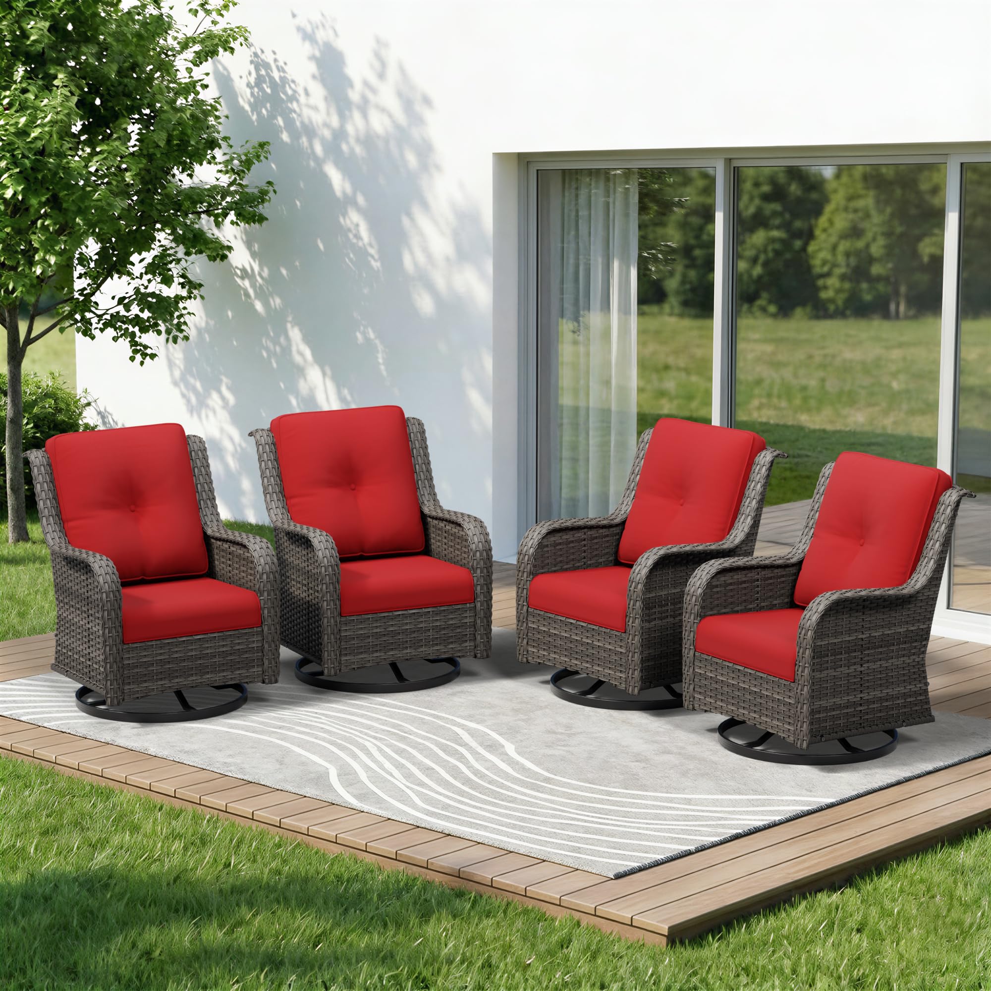 4 Piece Outdoor Swivel Rocker Patio Chairs Set, Patio Chairs Set of 4 with Thickened Olefin Cushions, High Back and Deep Seating, Hand-Woven PE Rattan for Porch, Deck, Red