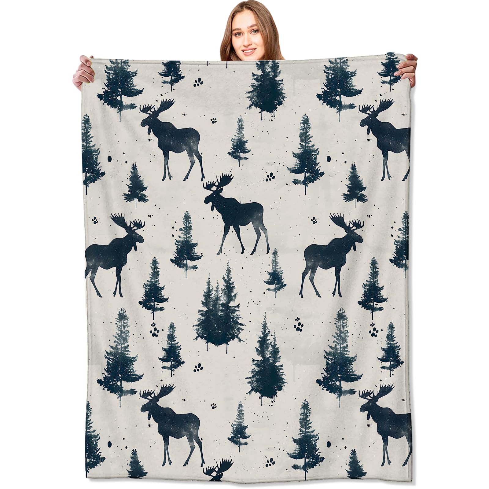 Winter Moose Blanket Retro Pine Tree Throw Blankets,Birthday Gifts for Kids Adult & Nature Lovers,Lightweight Soft Fleece Cozy for Sofa Couch Bed Room Rustic Cabin Decor 50x60in
