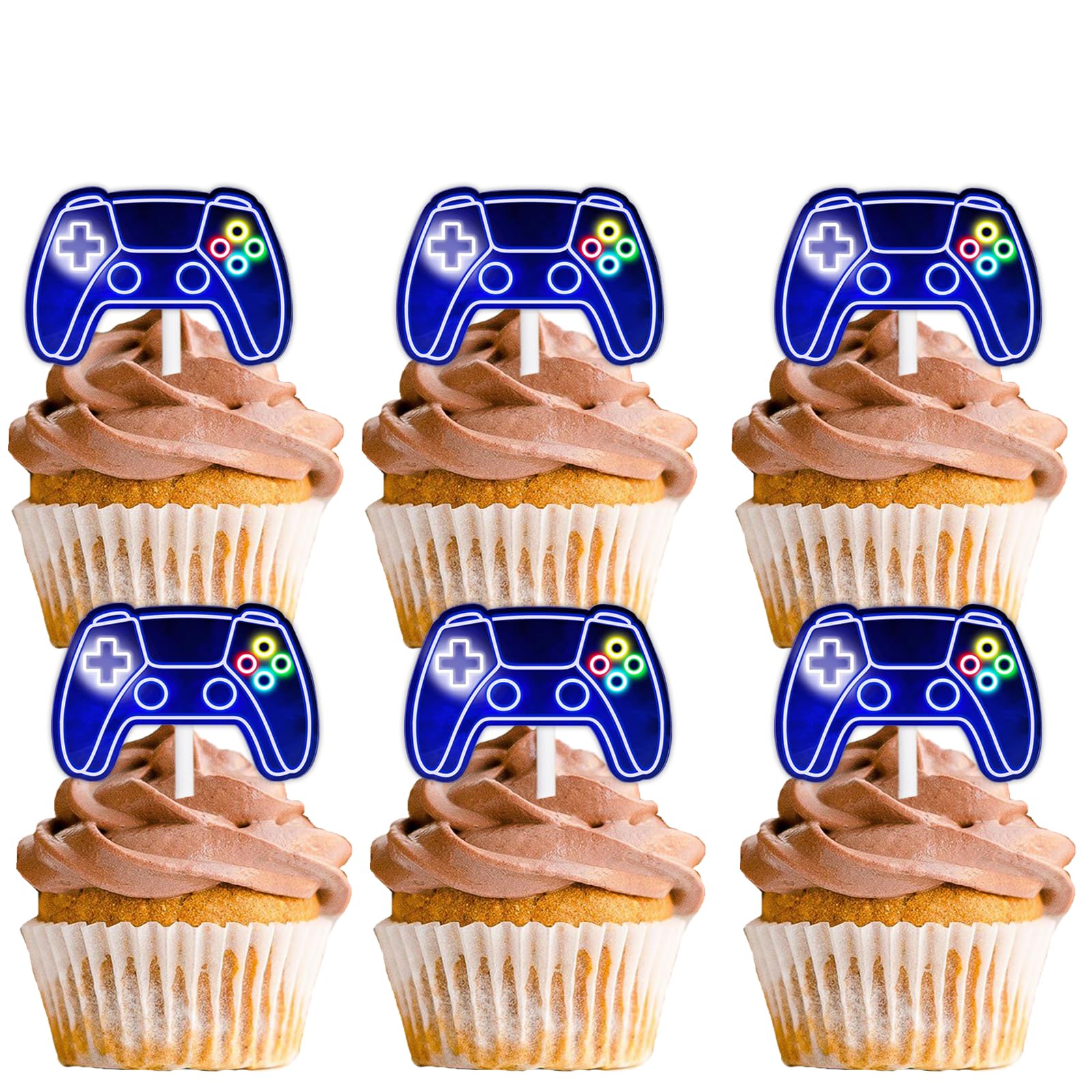18pcs Blue Glitter Dessert Cupcake Topper Game Console Play Gaming sports Let’s Glow Crazy Party Theme Decor Supplies Boys Girls Party Decoration
