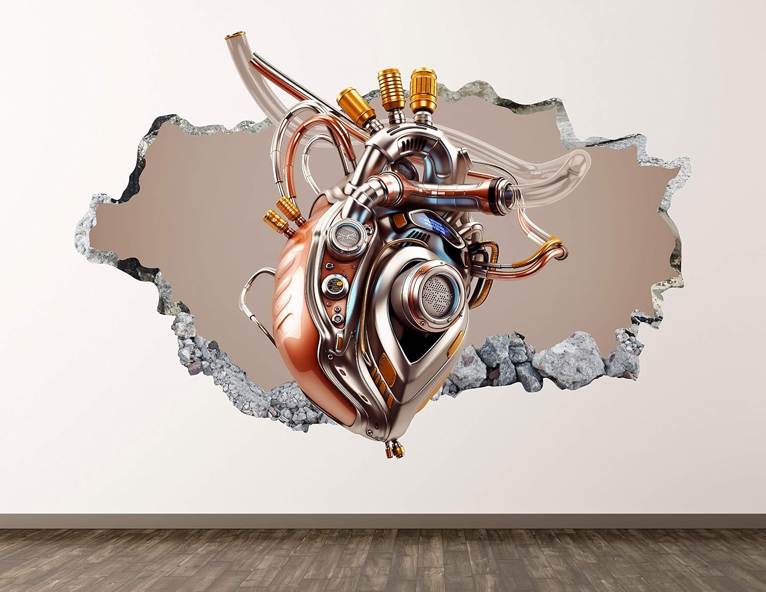 Mechanical Heart Wall Decal Art Decor 3D Smashed Artificial Organ Sticker Poster Kids Room Mural Custom Gift BL1972 (30"W x 18"H)