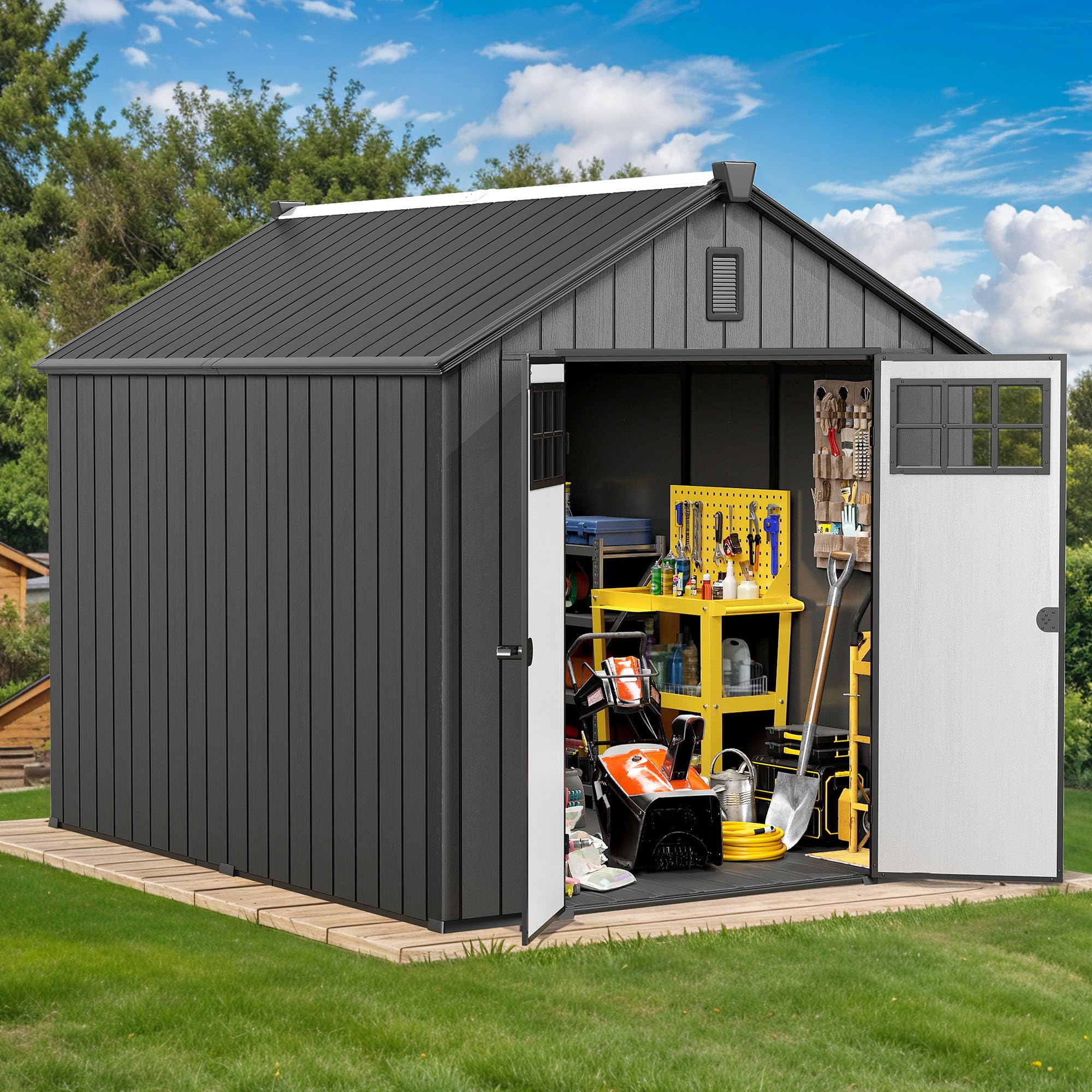Photo 1 of missing parts---------------------------------------DWVO 8x10 FT Outdoor Storage Shed with Vision Grid Door Panel, 544 cuft Plastic Storage Shed with Floor & Vent, 16mm Heavy Duty Tool Garden Shed for Patio Supplies, Lawn Mower, Bikes, Black