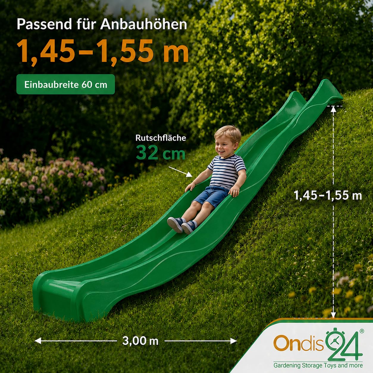 Ondis24 Tobogán de 3 m para niños (300 cm, verde)