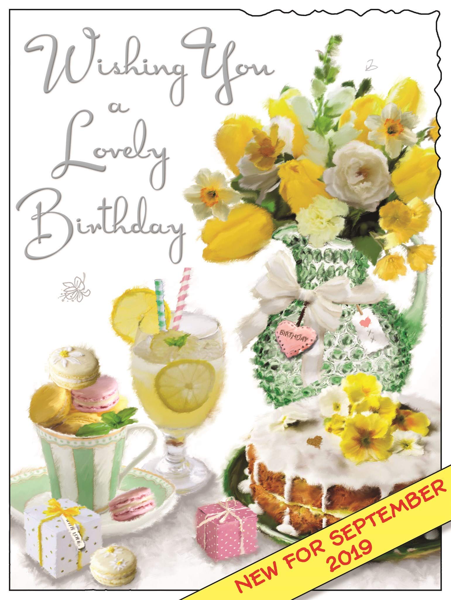 Biglietto Di Auguri Jonny Javelin Con Torta Al Limone E Fiori, Lamina Argentata E Glitter, Formato 145x194 Mm