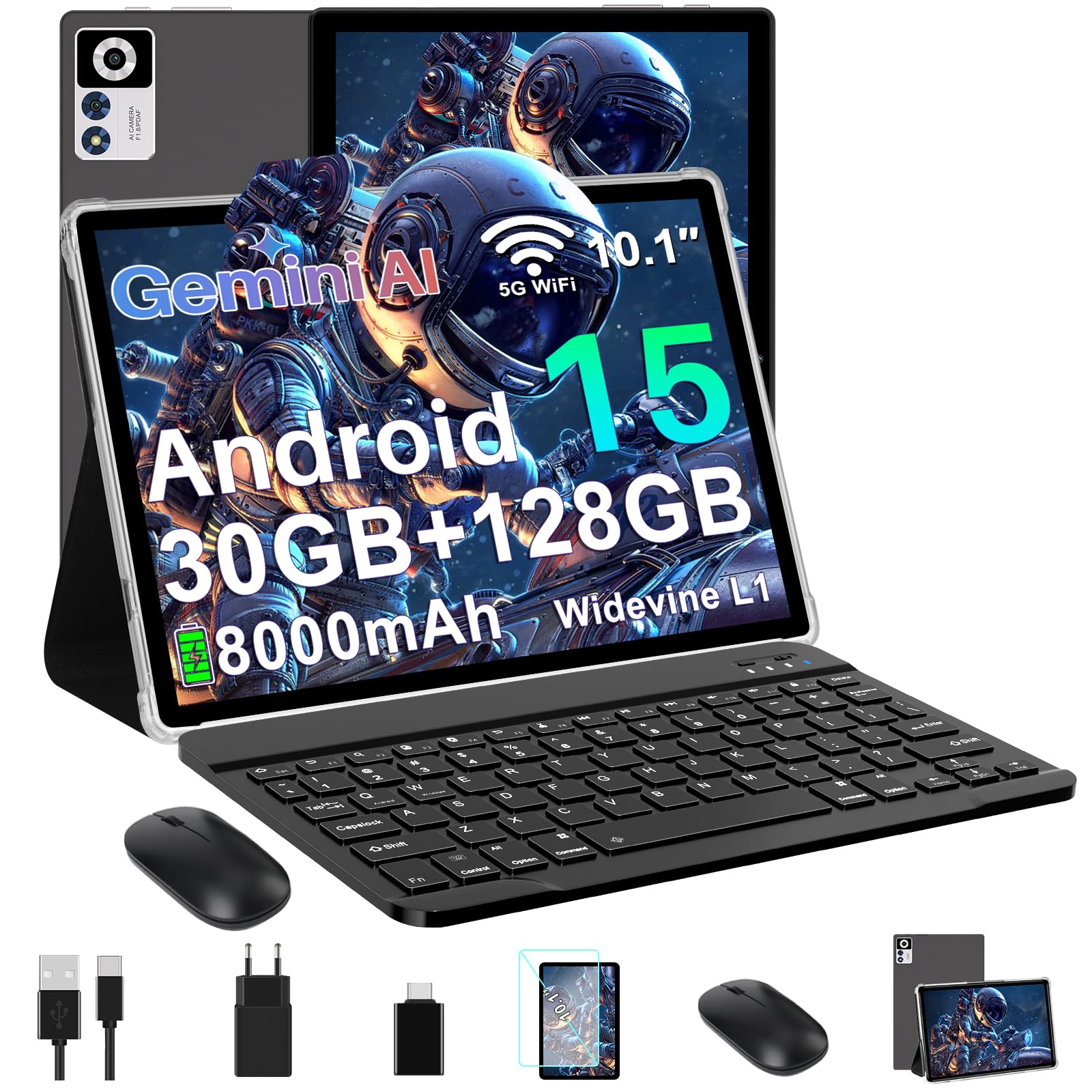 Tablette Android 15 ZIOVO 10 Pouces - 30Go RAM, 128Go ROM, Octa-Core 2.0GHz - Avec Clavier & Souris - Noire