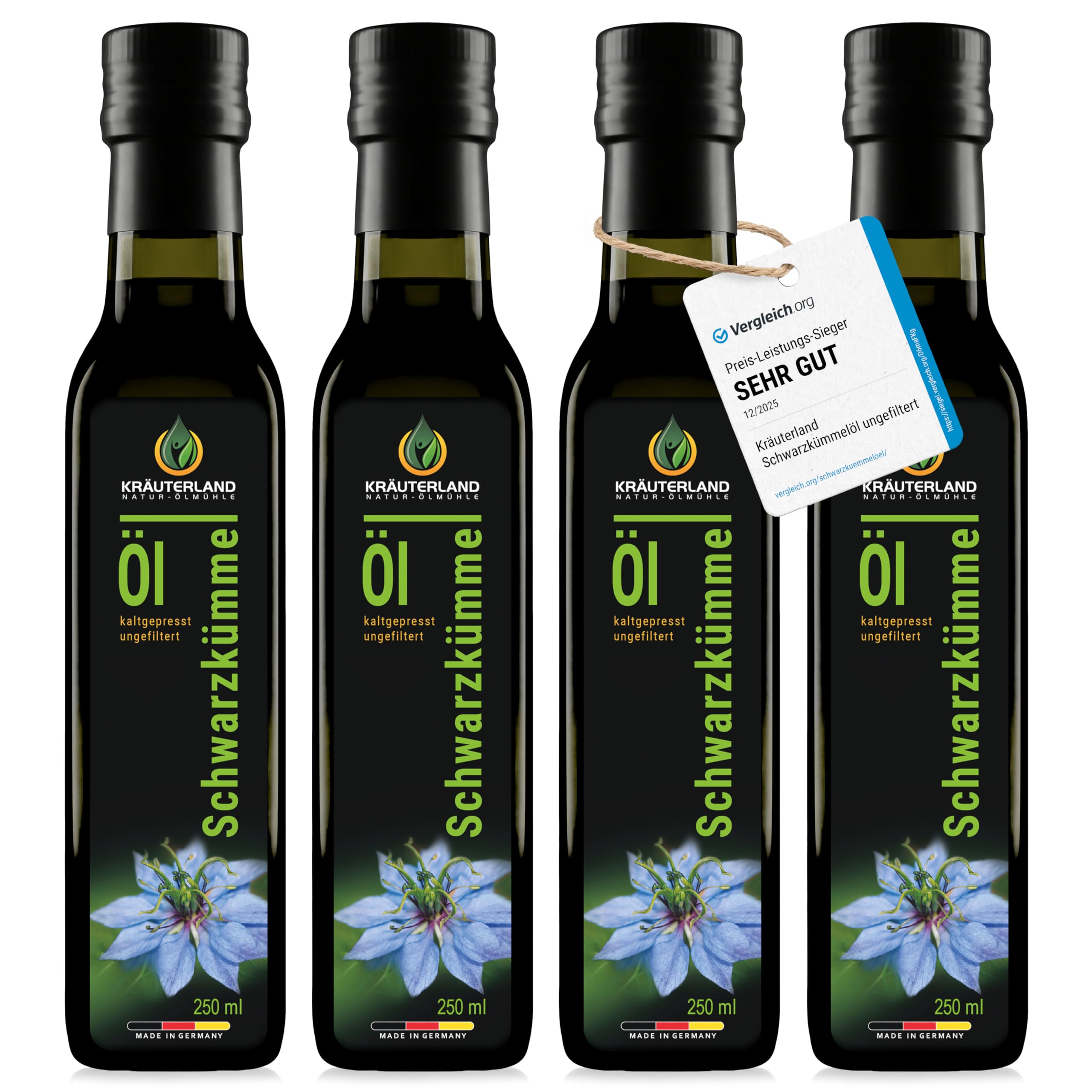 Kräuterland Schwarzkümmelöl 4X250ml (1000ml), ungefiltert, Omega 3-6-9, naturrein ohne Zusatzstoffe, hoher Thymoquinine, vegan, mild, kaltgepresst, mühlenfrisch aus unsrer hessischen Ölmühle