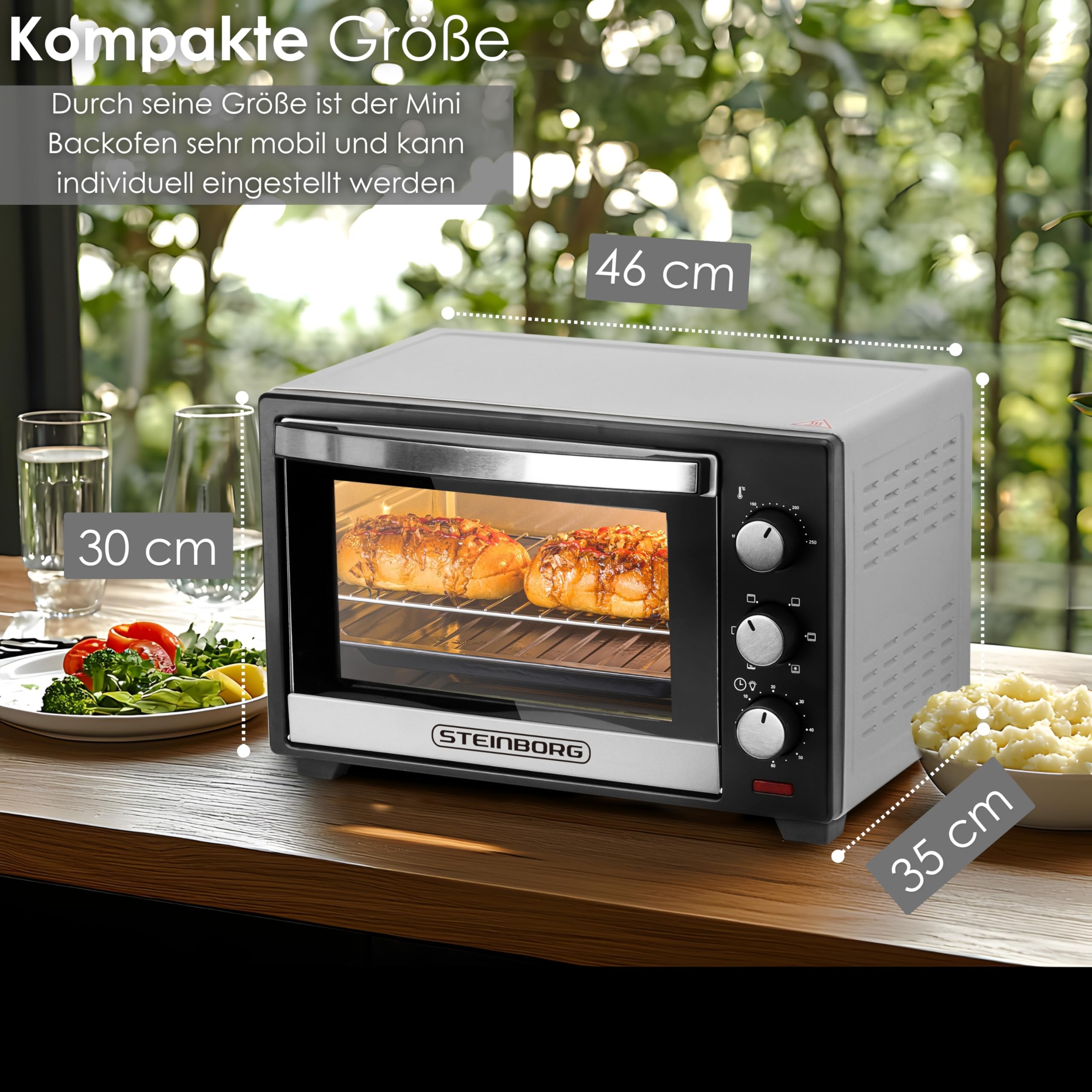 Steinborg® Mini Backofen 25 Liter Miniofen Elektro – Pizzaofen Tischbackofen 3-in-1 mit Ober-/Unterhitze & Umluft Konvektion, 1600 Watt Minibackofen mit 60 Min Timer & Krümelblech
