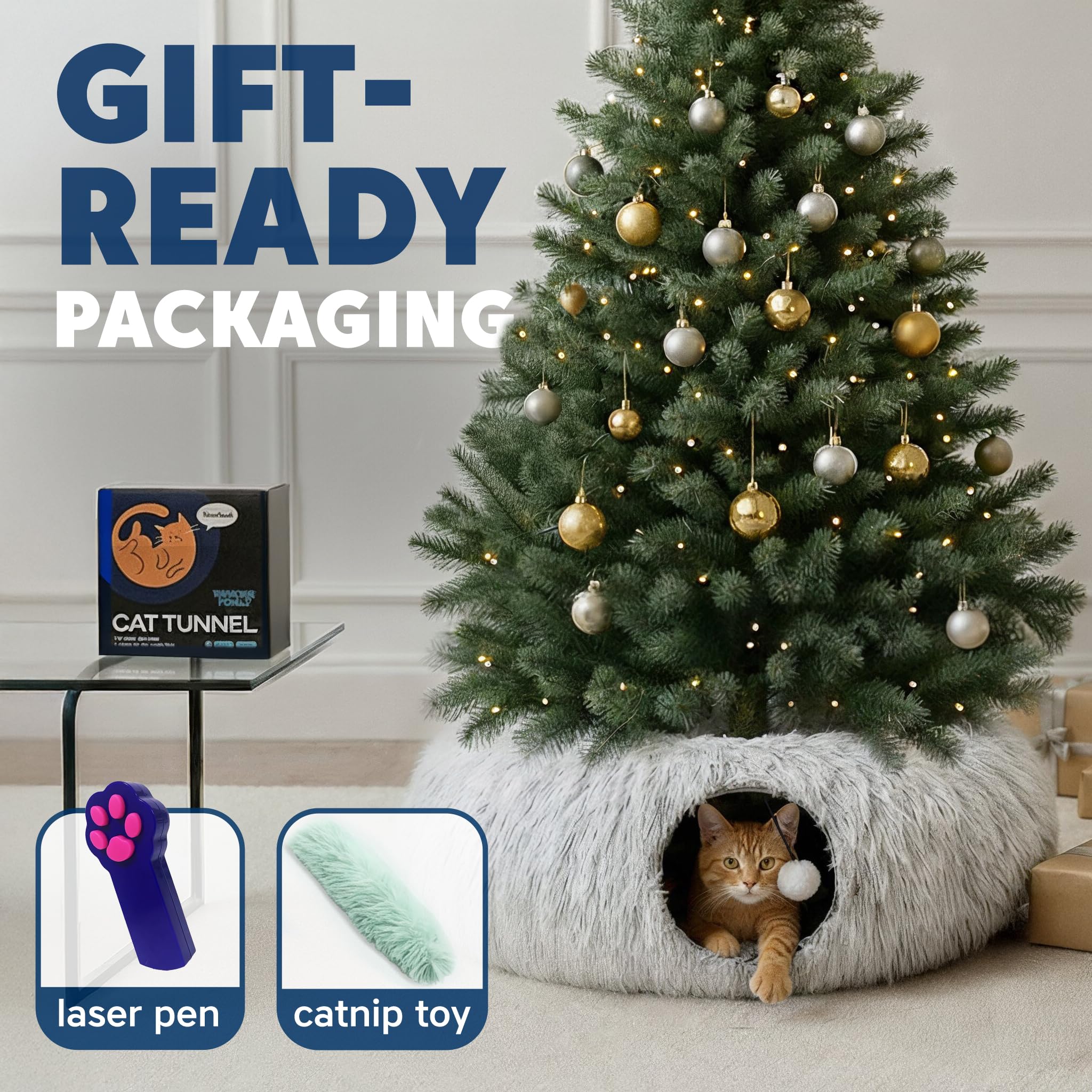 Tunnel et jouets pour chat d'intérieur – Tunnel pliable pour chat d'intérieur + jouets pour chat – Lit tunnel en peluche confortable pour chat – Tunnel pour chat et chaton sûr pour chatons d'intérieur