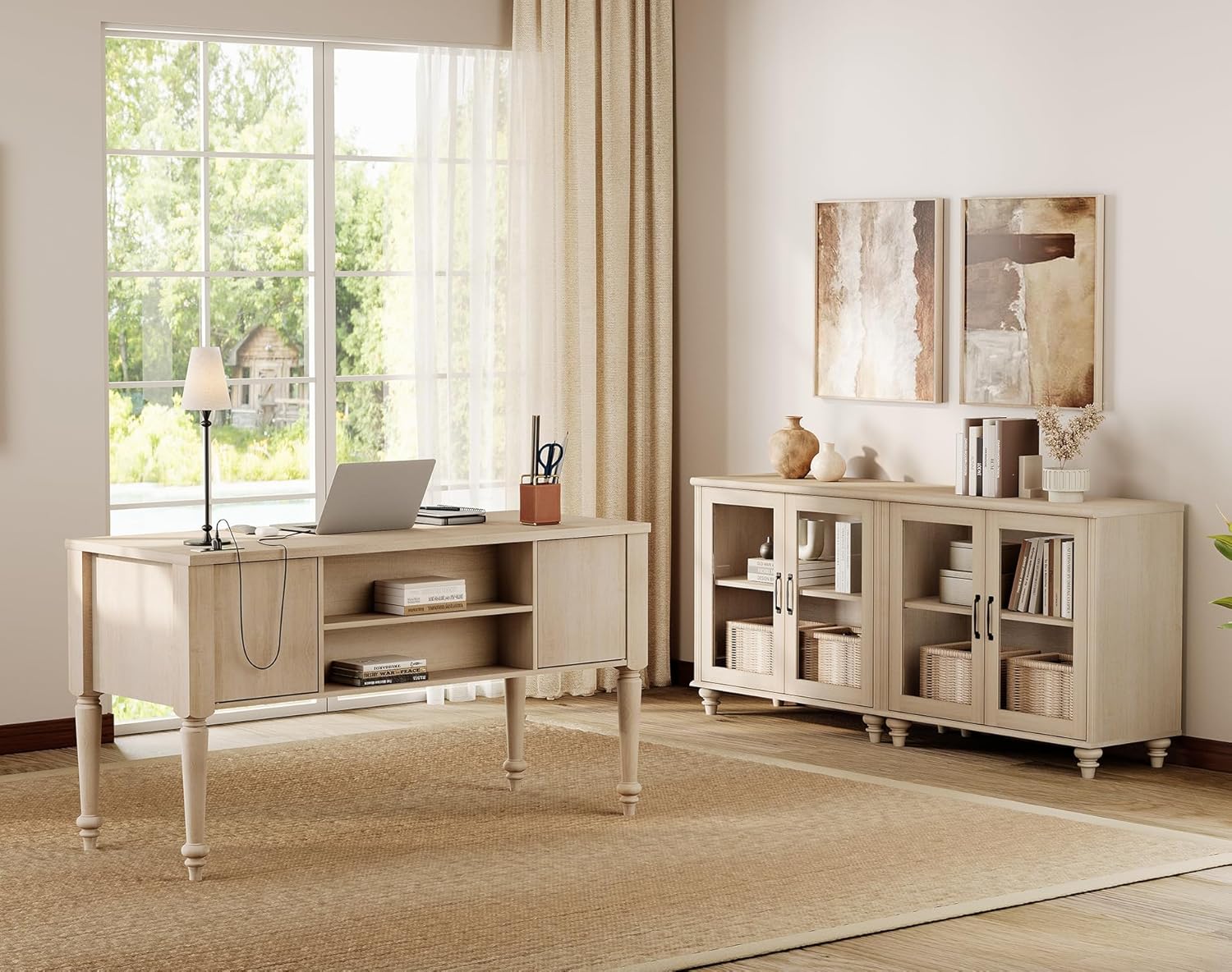 WAMPAT Home Office Furniture Set, 56'' Executive Desk with Charging Station, 2-in-1 Cabinet with Glass Doors, Wood Computer Desk with File Cabinet Storage, Open Shelf, Beige