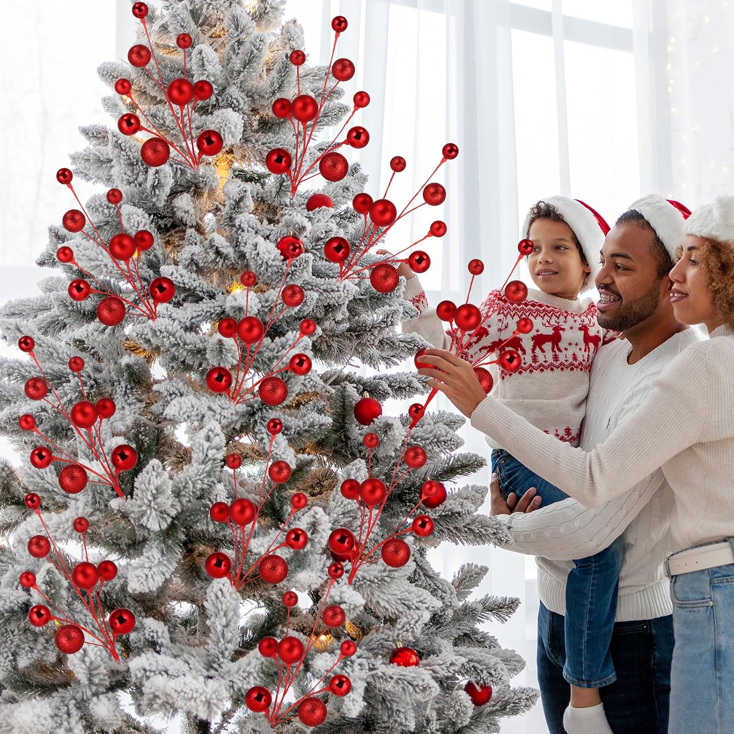 Suncalla 4 Pcs 15 Inch Red Christmas Tree Picks Xmas Glitter Ball Christmas Tree Decorations Artificial Stems for Xmas Topper Ornaments DIY Wreath Garland Crafts Winter Home Decor