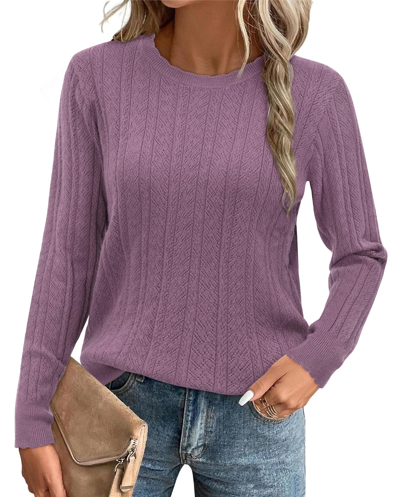 Arach Cloz Womens Summer Fall Scalloped Lace Cuff Crewneck Tops Textured Shirts