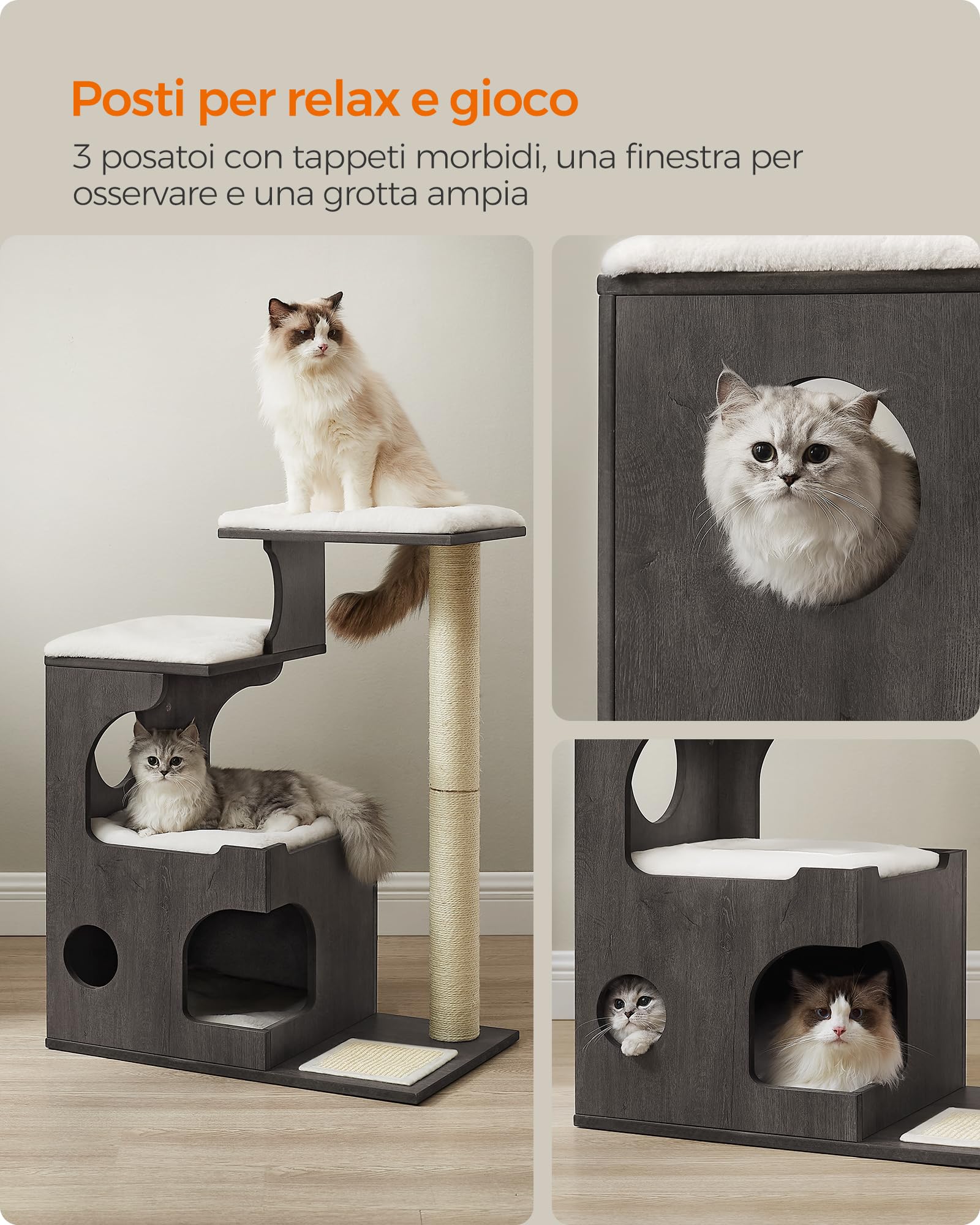 Feandrea Tiragraffi, Albero per Gatti di Truciolato Alto 86 cm, con Grotta, Posatoi, Colonna e Tappeto Graffiatoio in Sisal, Lavabili Tappeti in Pelliccia Sintetica, Grigio Nebbia PCT070G02