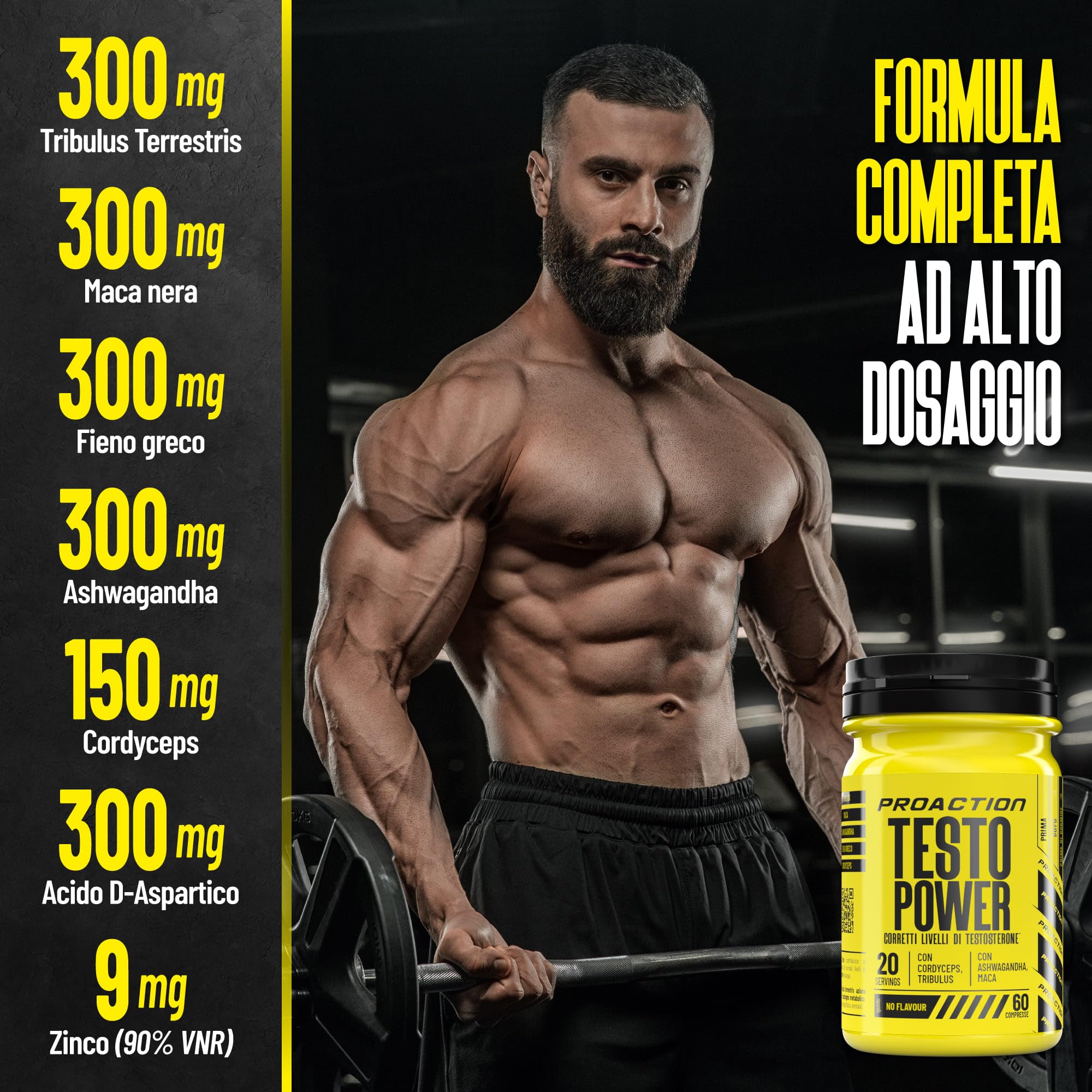 ProAction TESTO POWER | Testosterone Booster con Alto Dosaggio di Tribulus Terrestris, Maca Nera, Fieno Greco, Ashwagandha e Zinco | Integratore Testosterone Uomo per Aumento Massa Muscolare | 60 cpr