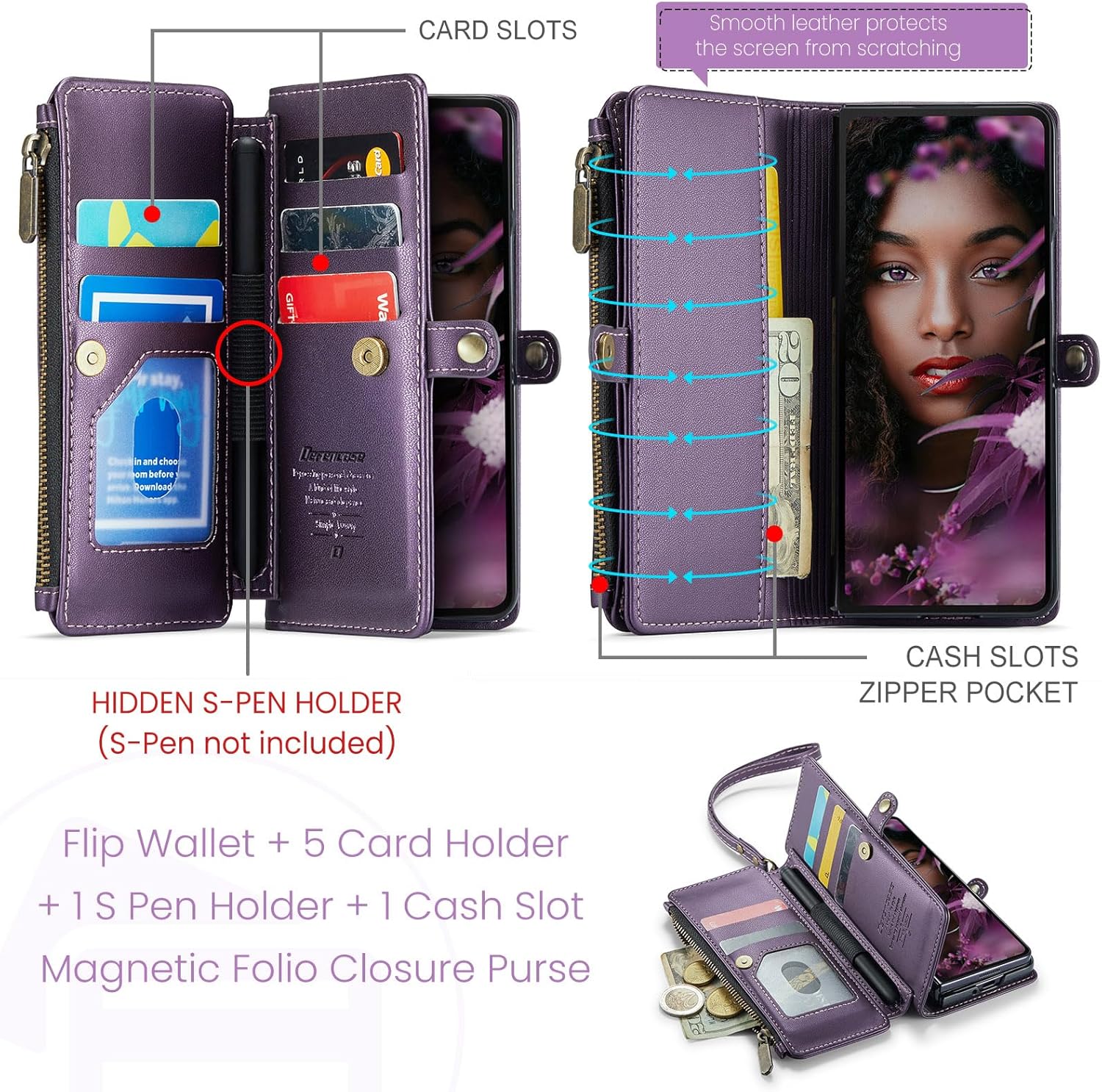 Defencase Wallet Case Compatible with Samsung Galaxy Z Fold 3 with RFID Blocking Card Holder & S Pen Holder Slot PU Leather Magnetic Snap Flip Zipper Strap Phone Case Fit for Galaxy Z Fold 3, Purple