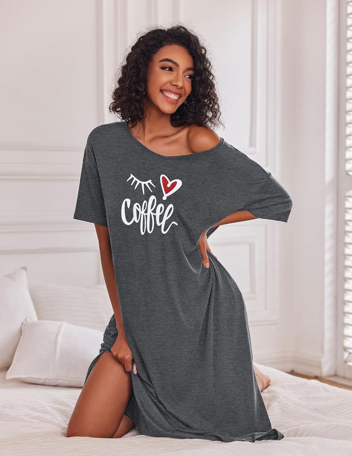 Ekouaer Long Nightgown for Women Short Sleeve Sleepwear Plus Size Loungewear with Pockets M-5XL - Image 3