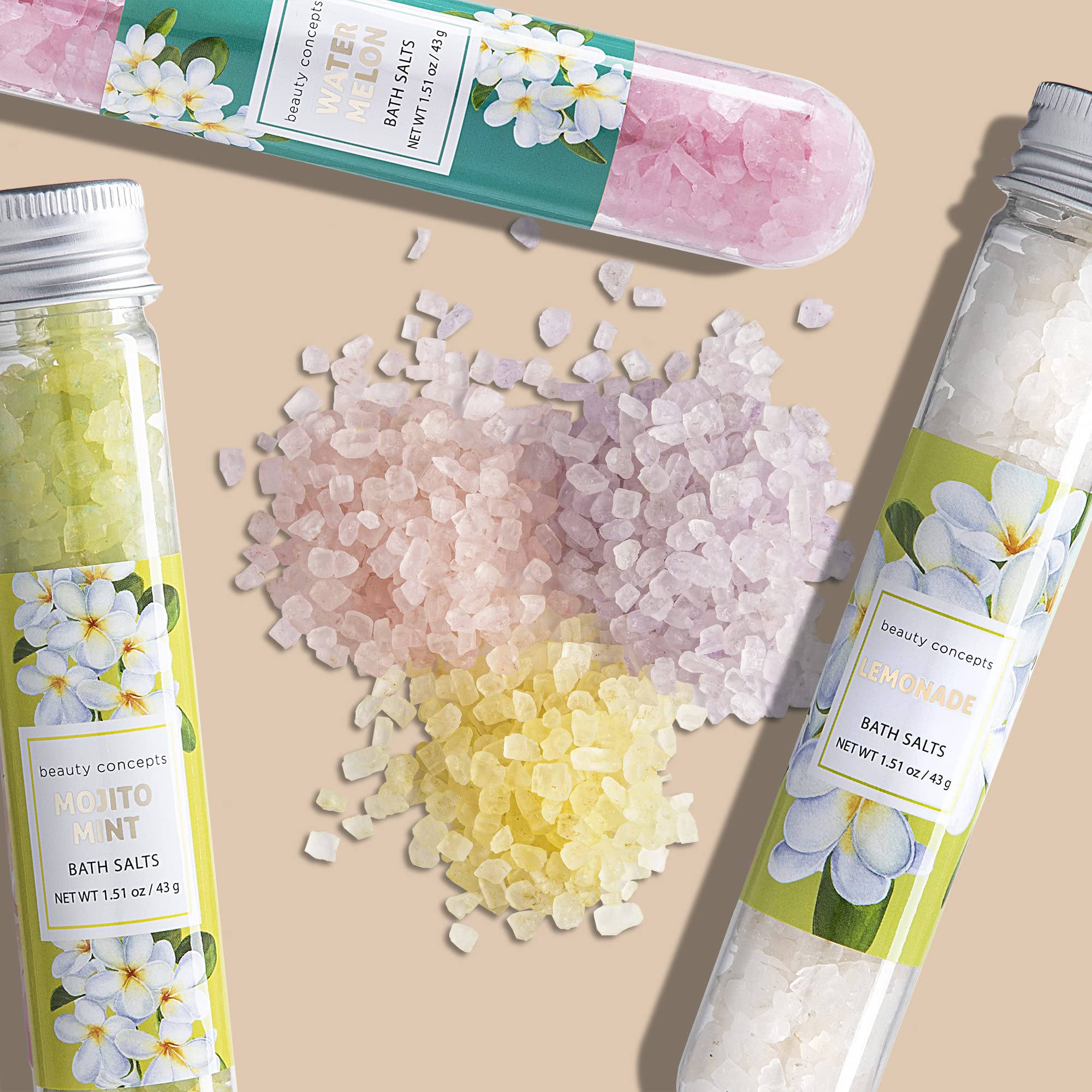 B.C BEAUTY CONCEPTS Sels de bain d'aromathérapie - Lot de 5 sels d'Epsom pour trempage, spa relaxant, parfumé à la limonade, fruit de la passion, grenade, pastèque, menthe mojito