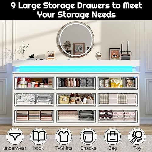 Miniatura 3 de Cómoda de 9 cajones para dormitorio, cómoda blanca con luces LED, cómoda moderna para armario, armario organizador de cajones de 63 pulgadas de