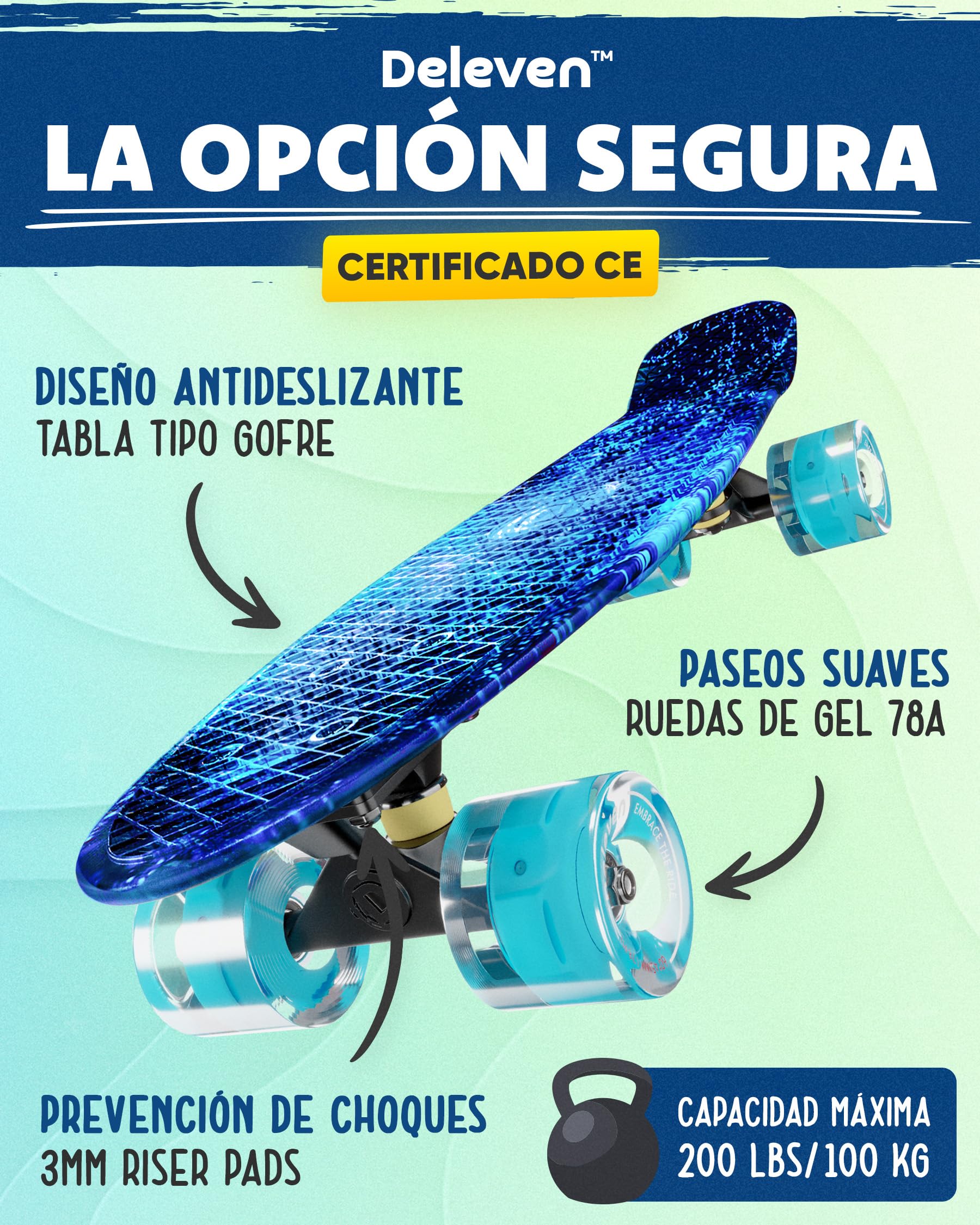Deleven Monopatín 56cm con Ruedas LED, Herramienta de Skate y Rodamientos ABEC 7 - Skateboard para Niños Principiantes Adolescentes Adultos