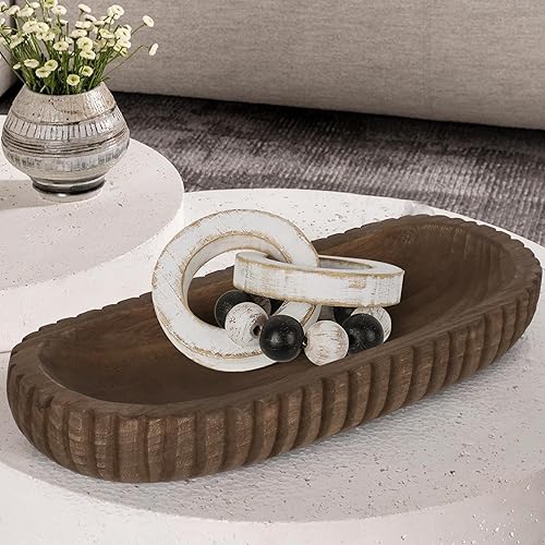 Vista 5 de Oakrain Cuenco decorativo de madera para decoración del hogar, cuenco de masa rústico de 16 pulgadas con rayas verticales talladas a mano, bandeja