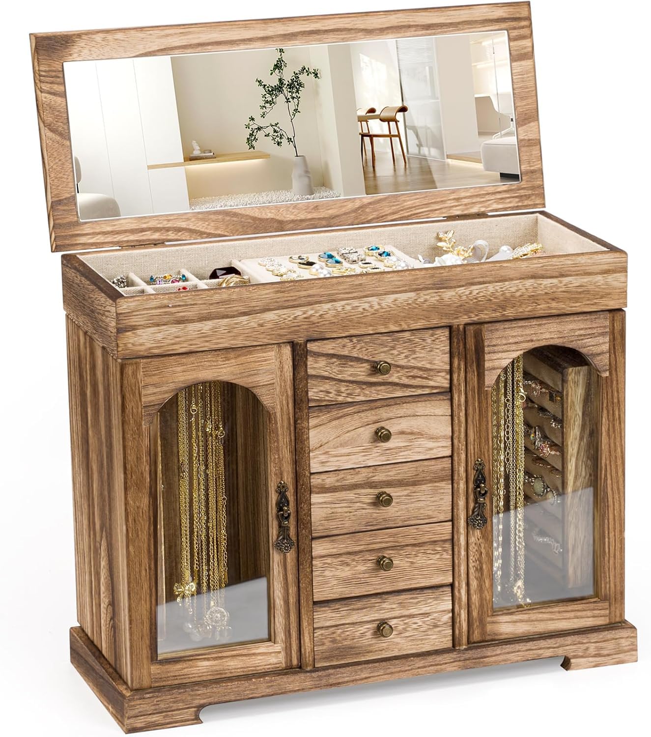 Emfogoo Schmuckkästchen, Rustikales Holz Groß Schmuckkasten Organizers mit Spiegel, Schmuckaufbewahrung, 6 Ebenen Schmuckbox für Ringe, Ohrringe, Halsketten, Armbänder (Rustikal Braun)