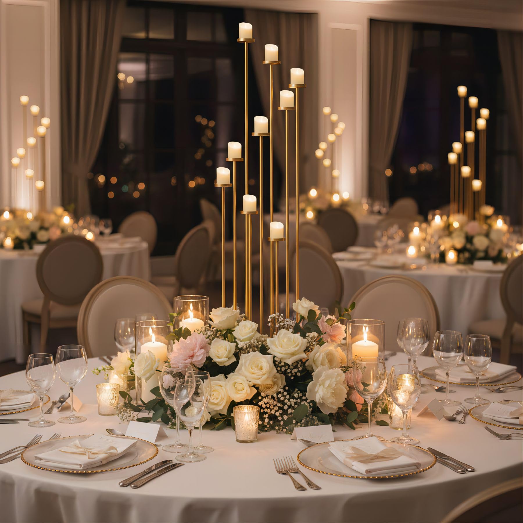 Candelabro Alto de 9 Brazos para Centro de Mesa de Boda, candelabro de Metal Negro de 60 Pulgadas para Velas de Pilar para Fiesta, Ceremonia, Pasillo, recepción (Dorado)