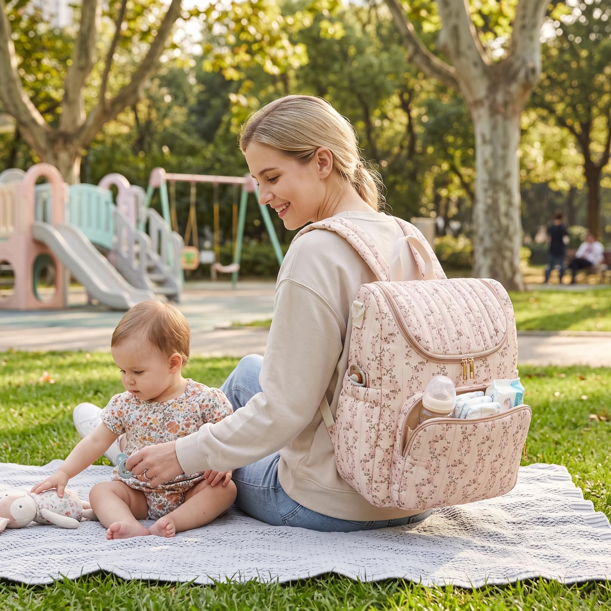 Mochila para pañales con diseño floral y cremallera para mamá
