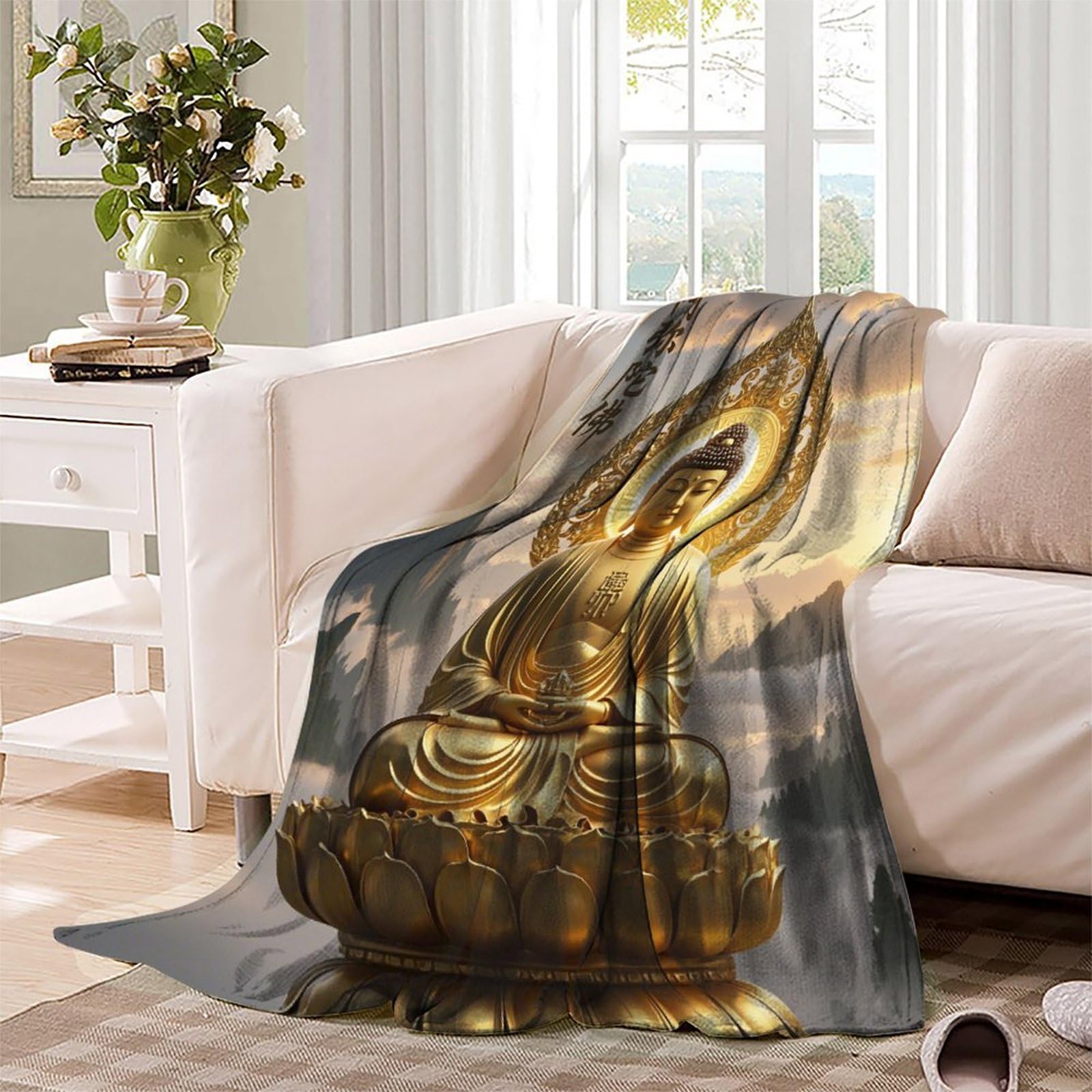 Statuetka Buddy, puszysty koc wełniany, 150 x 200 cm, na sofę, koc sakyamuni biały, puszysty, miękki, ciepły koc Sherpa na kanapę, do salonu, na zimę/jesień